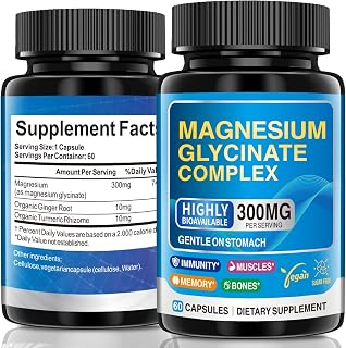 Magnesium Glycinate 300mg Per Serving, Magnesium Supplement for Stress Relief, Sleep & Muscle Recovery, Chelated High Absorption, Non-GMO, Vegan, Gentle on Stomach, 60 Capsules