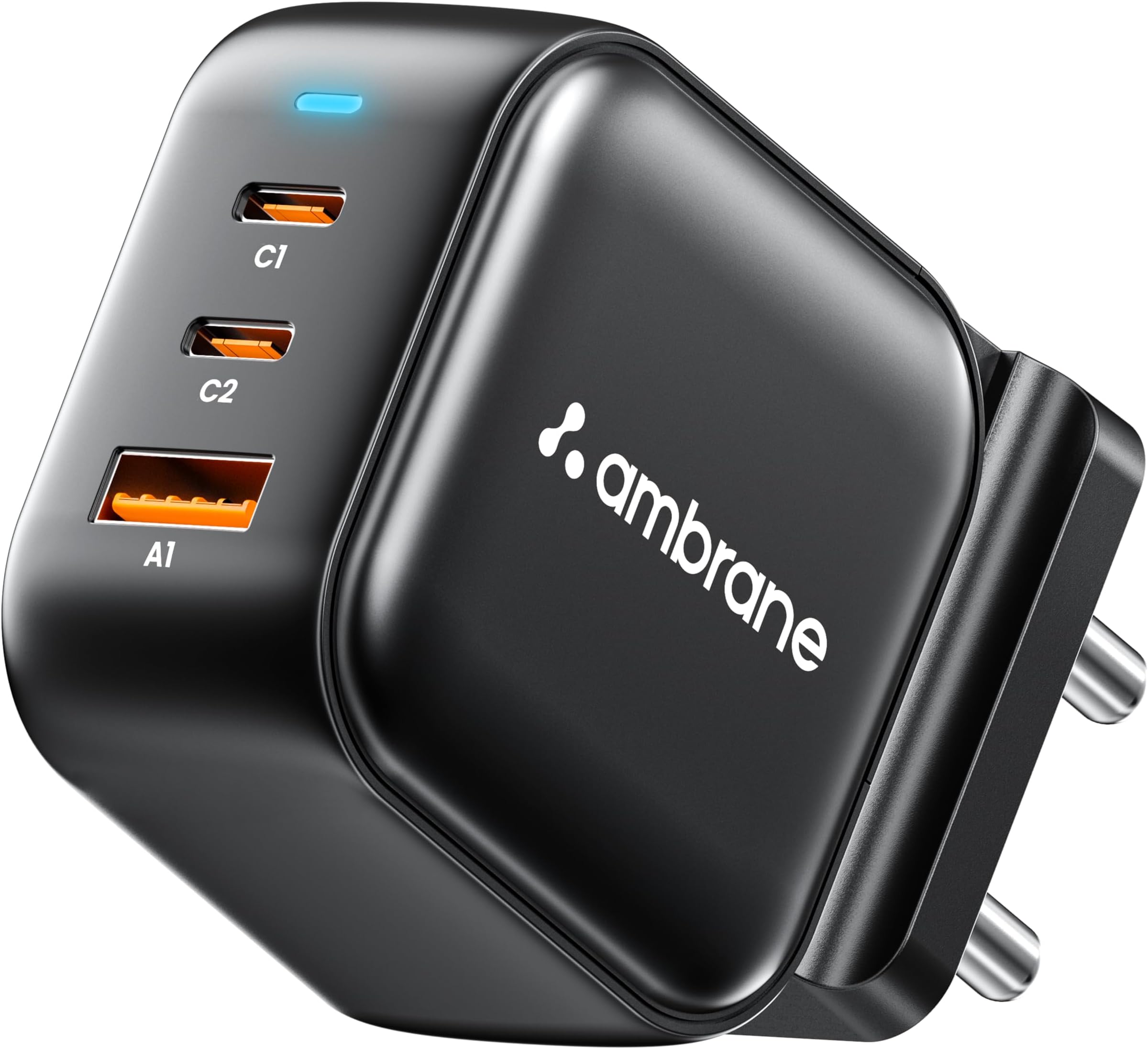 Ambrane 65W Charger Adapter, 3 Ports - 2 Type C & 1 USB for Samsung, Type C Laptops: MacBook, Dell, HP, ASUS, Fast Charger with PD Technology & GaN Technology for All Devices (RAAP G65, Black)