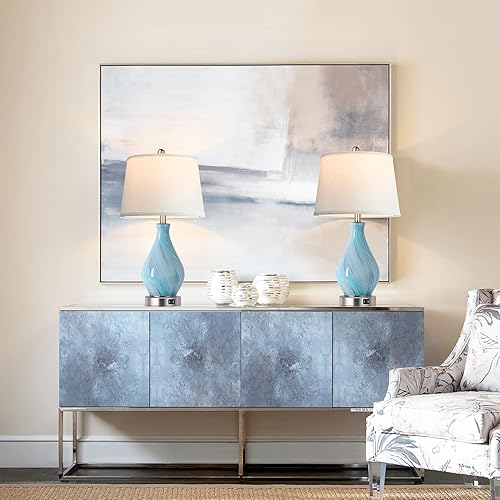 Miniatura 5 de Juego de 2 lámparas de mesa decorativas modernas con control táctil, 22 pulgadas, remolinos desvanecidos, azul y gris, lámpara de noche de cristal