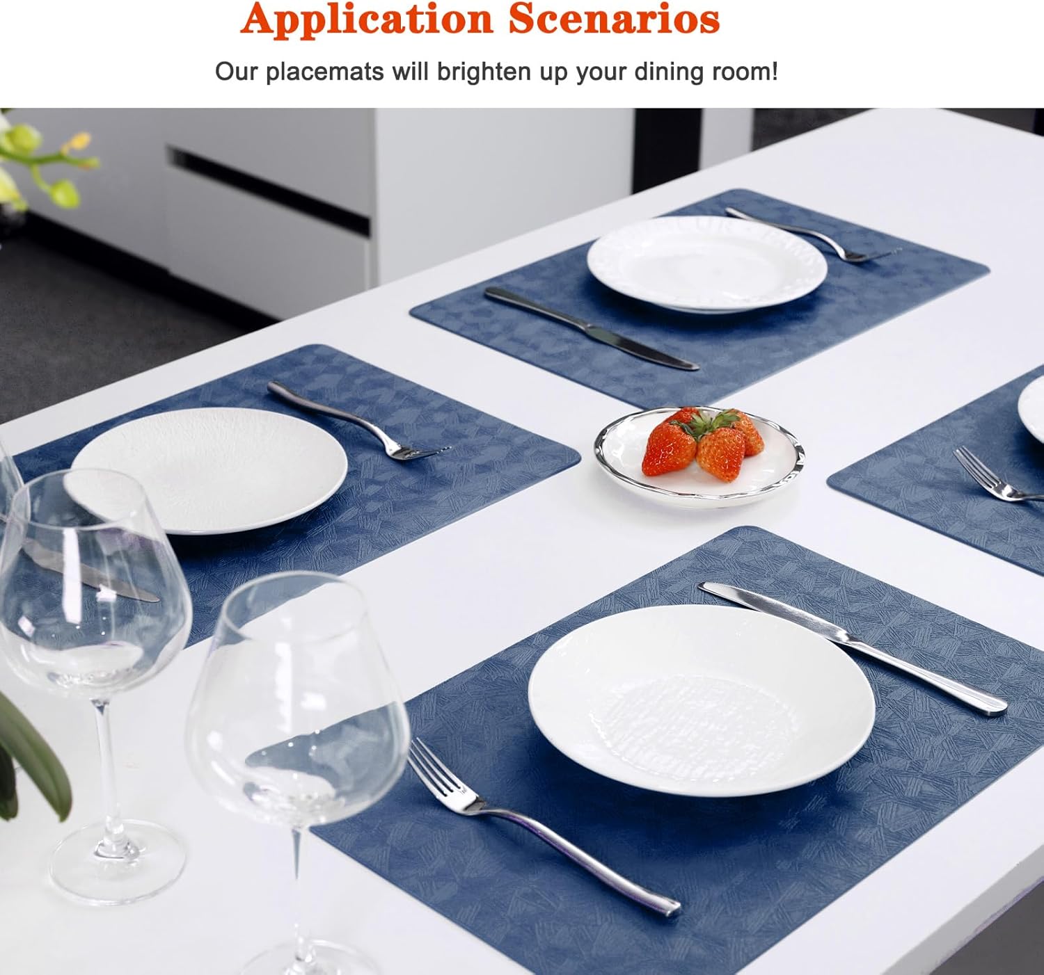 Vinyl Placemats Set of 6 Heat Resistant Easy Clean Non-Slip Place Mats for Dining Table Faux Leather Waterproof Stain Resistant Wipeable Washable PVC Table Mats(6, Blue)