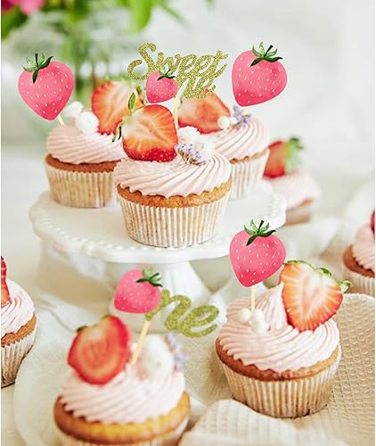 Miniatura 9 de 24 decoraciones para cupcakes de fresa Oh Baby con purpurina para cupcakes de verano con fresa, baby shower, suministros de fiesta de cumpleaños de