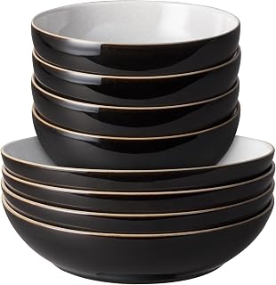 Elements Pasta & Cereal Bowl 8 Piece Set - Black Glaze, Dishwasher & Microwave Safe, Oven Proof Stoneware Dishes - 4 x Pasta & Cereal Bowls - Ceramic Chip Resistant Tableware for Everyday Use