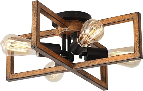 KEESFU Lámpara de techo retro semiempotrada de 4 luces, con acabado de grano de madera de granja, iluminación rústica para dormitorio, sala de