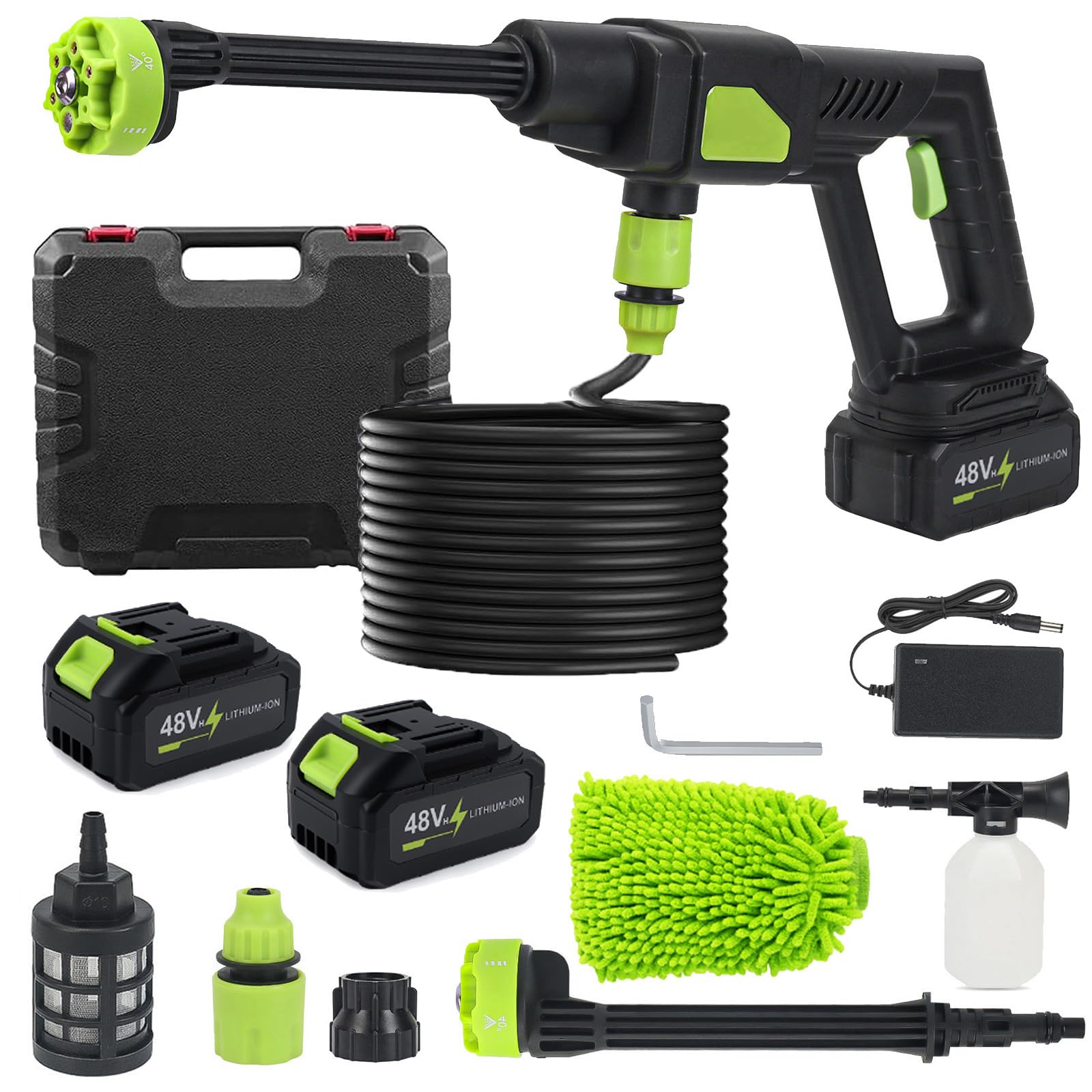 Cordless Pressure Washer with Toolbox, 2 Battery, 48VH Battery Powered Washer with 6-in-1 Nozzle and 5m Hose, Portable Power Washer, Cordless Jet Wash for Patio Garden& Car,Glass cleaning Outdoor