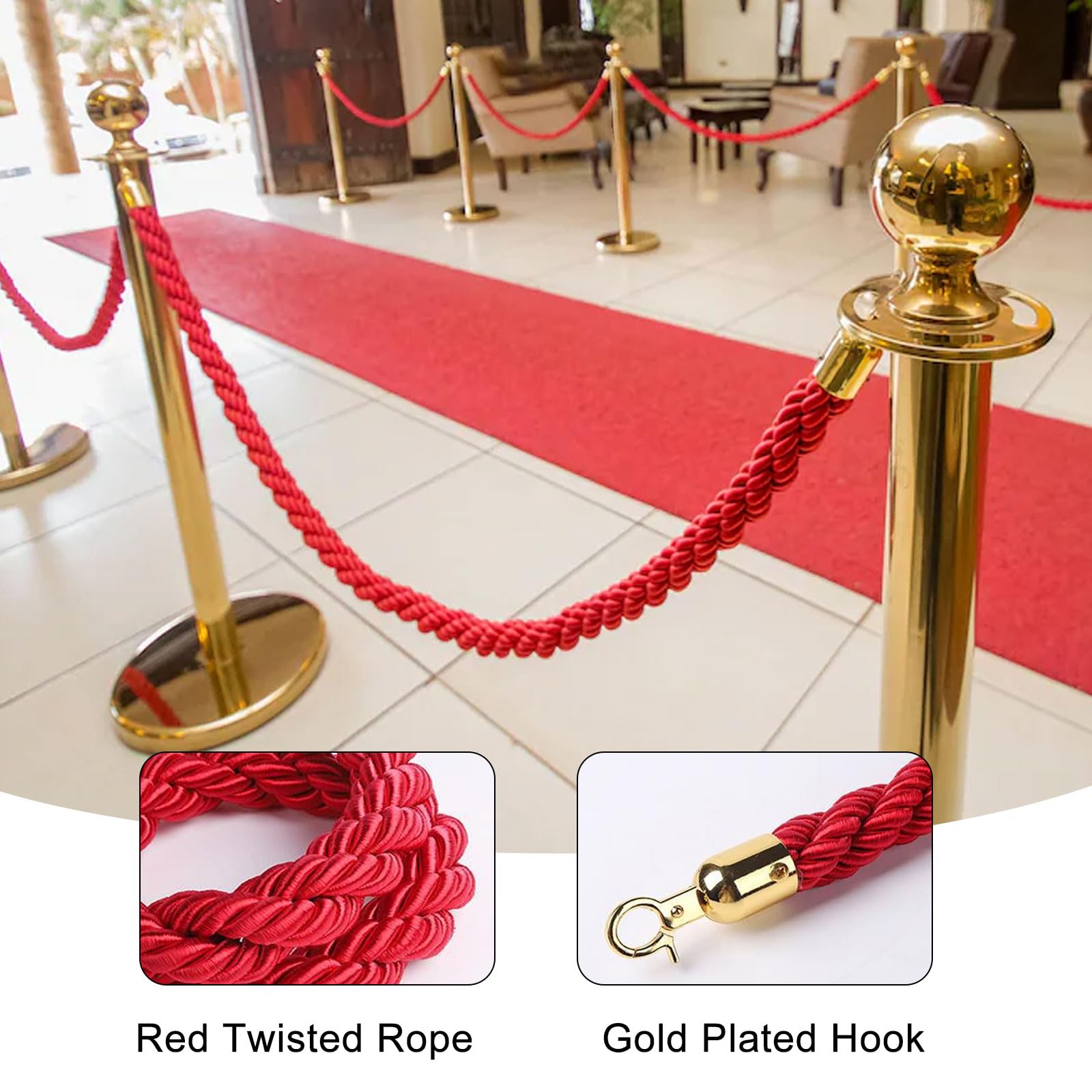Corde de Guidage 1.5m Rouge pour Contrôle des Foules Hôtel Cinéma