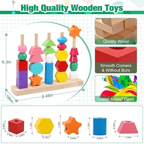Miniatura 6 de Juguetes Montessori de madera para niños pequeños, juguetes educativos de aprendizaje, bloques apilables y cuentas de cordones y apilador de formas