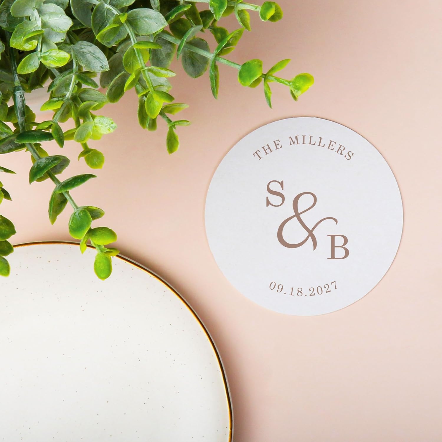 Big Dot of Happiness Personalized Simple Script Mocha Brown Drink Coasters, 4-Inch Disposable Round Paper Coasters for Wedding Anniversary Party, Funny Cocktail Table Decor for Bar Drinks - 25 Ct
