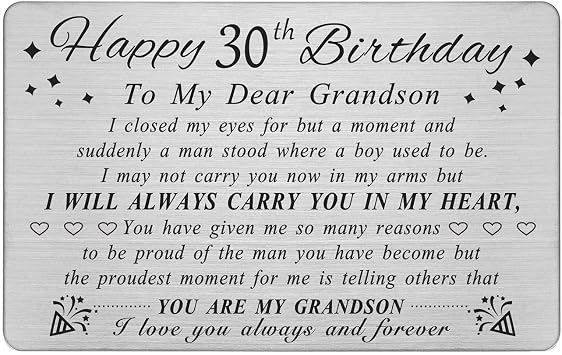 DEGASKEN 30th Birthday Card for Grandson - Grandson 30th Birthday Card - Birthday Gifts for 30 Year Old Grandsons Turning 30 - Personalized Metal Engraved Wallet Cards