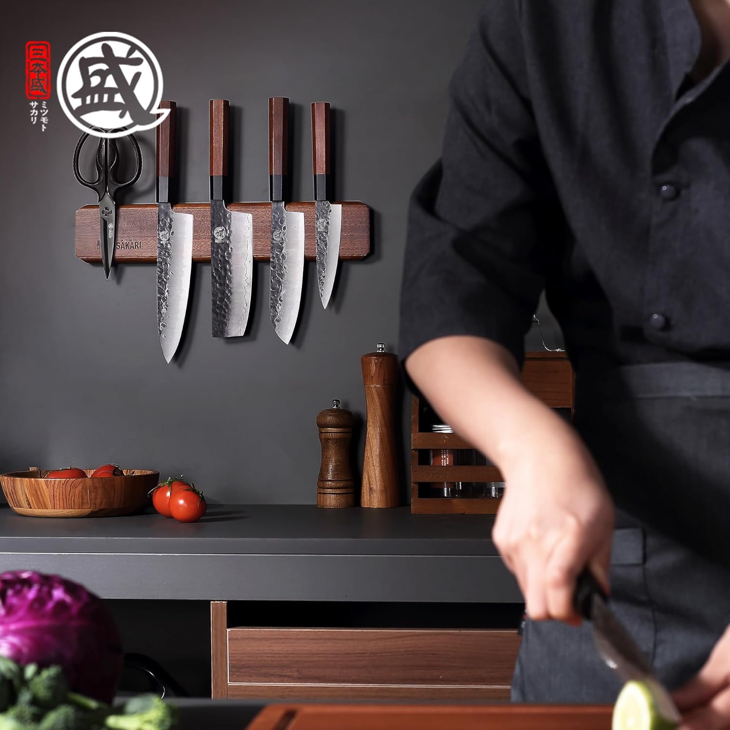 MITSUMOTO SAKARI Magnetic Knife Holder, 16 Inch Acacia Wood Wall Mount Knife Strip & Bar, Strong Japanese Magnetic Rack for Kitchen Knives & Tools
