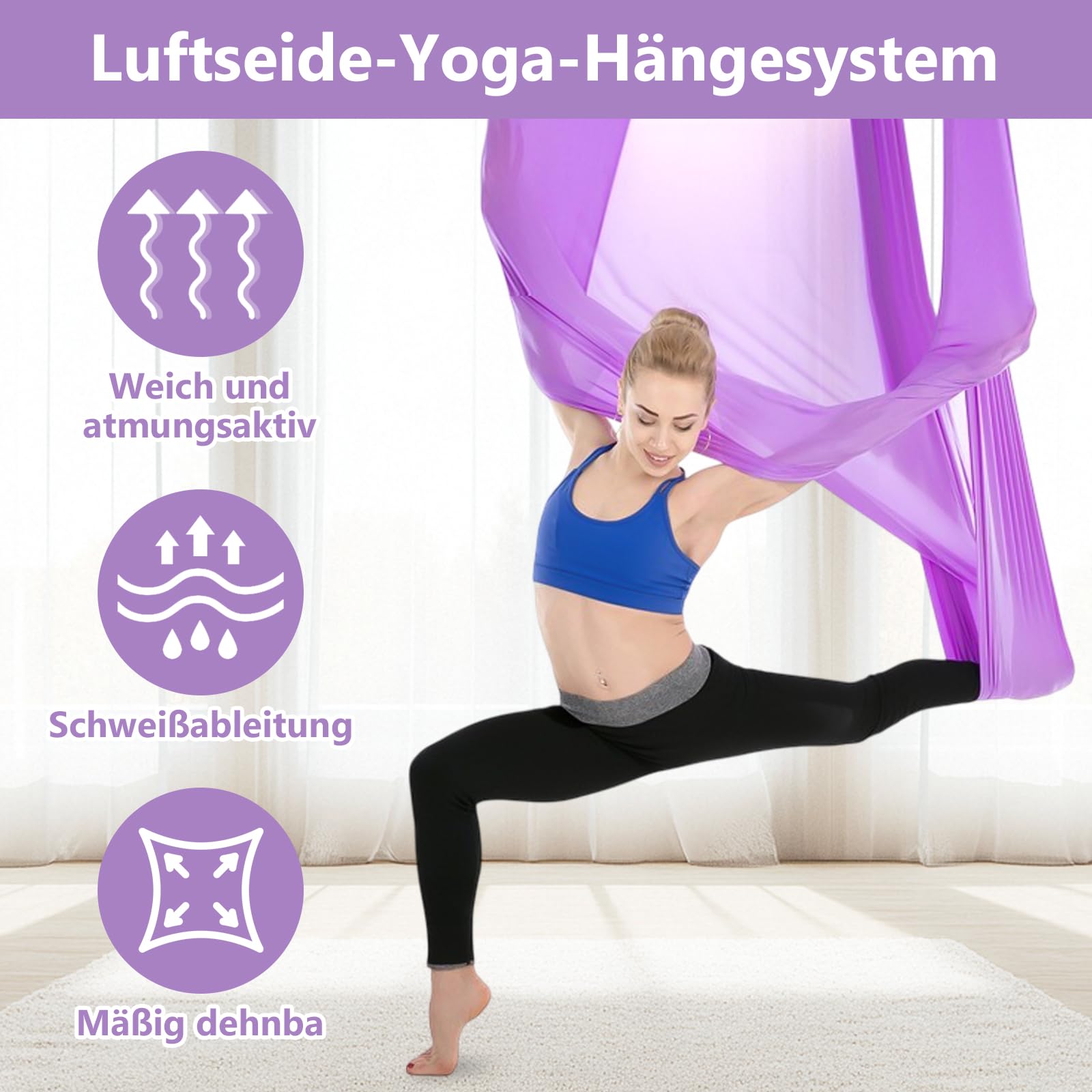 Aerial Yoga Hängematte Set, 5m x 2,8m Aerial Yogatuch Anti-Gravity YogaSwing, Aerial Yoga Hammock Swing 200 kg Tragfähigkeit, Nylon Tuch Nestschaukel mit Beschläge(Lila)