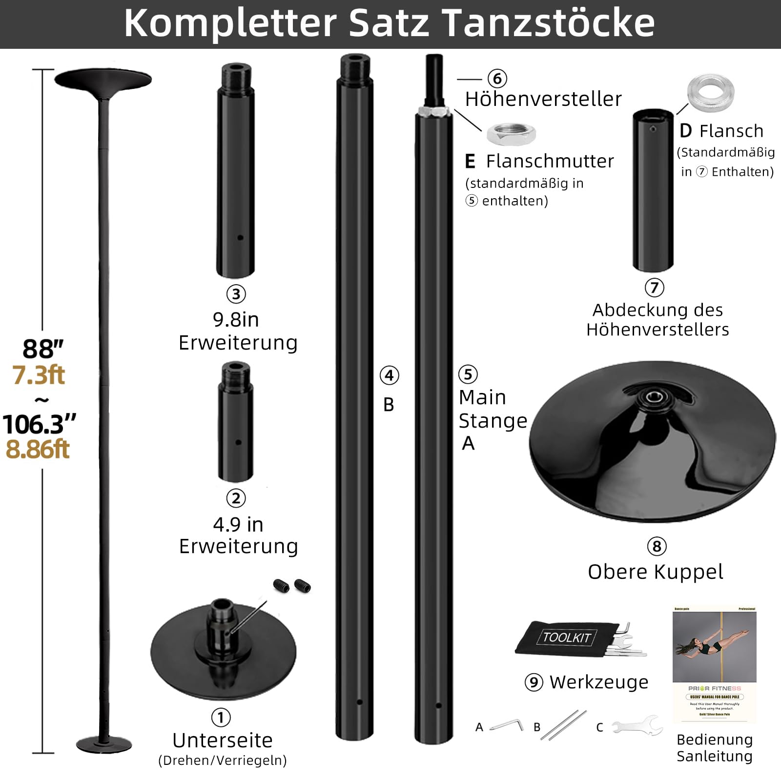 PRIOR FITNESS Pole Dance - Asta da ballo da 45 mm da 2,35 a 2,74 m, regolabile in altezza, 2 modalità: rotante/statica, portata fino a 200 kg, club, feste