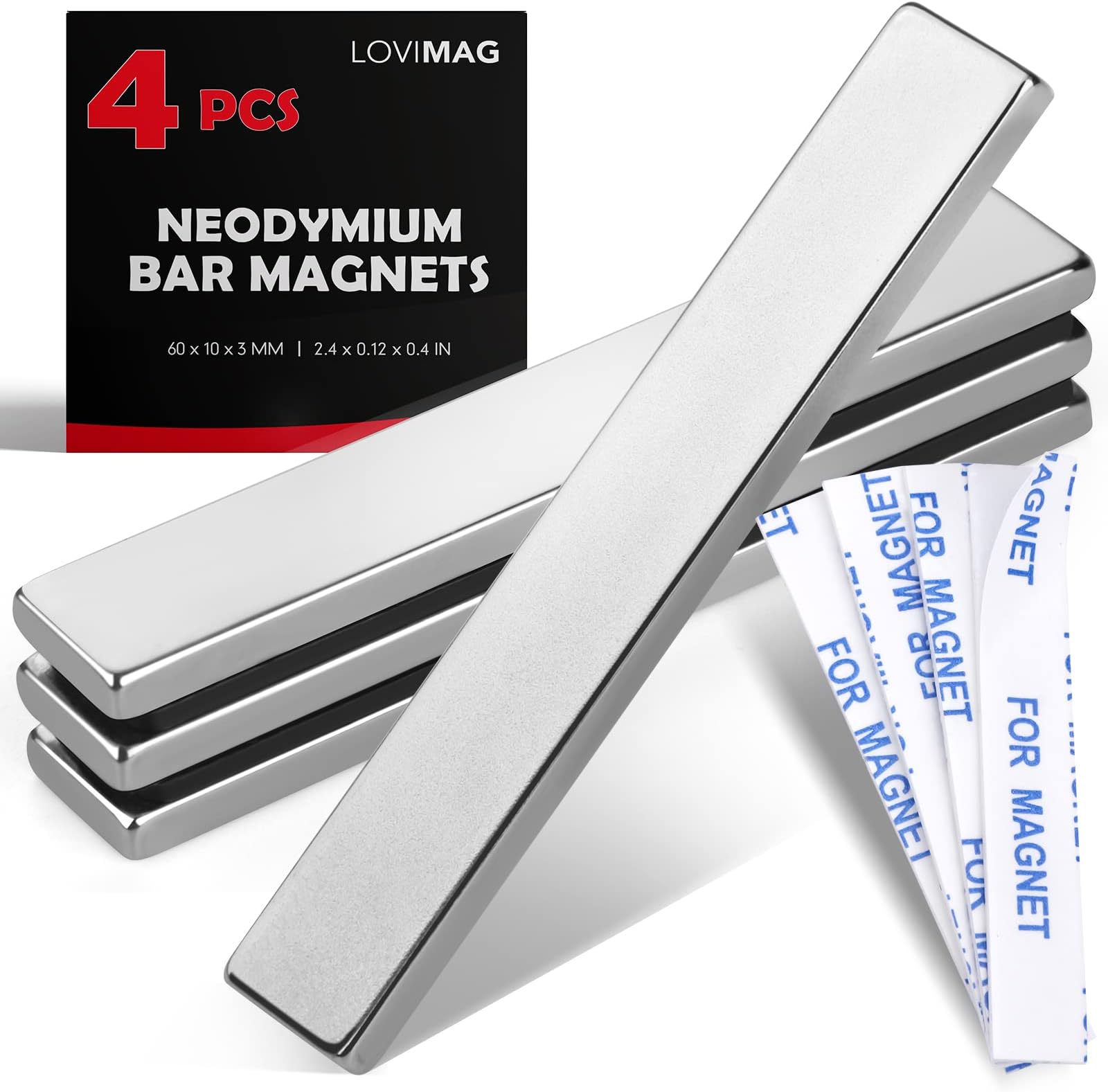LOVIMAG Strong Neodymium Bar Magnets with Double-Sided Adhesive, Rare Earth Metal Neodymium Magnet for Fridge, Scientific, Shower Door, Office Etc, 60 x 10 x 3 mm, Pack of 4