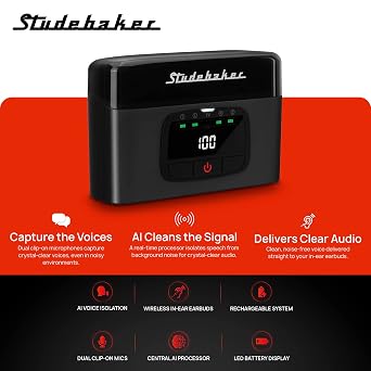Studebaker AI Hearing System - 2 Clip-On Mics, 2 Earbuds, AI Processor, TV Base, 7-Step Volume Control & Rechargeable Device