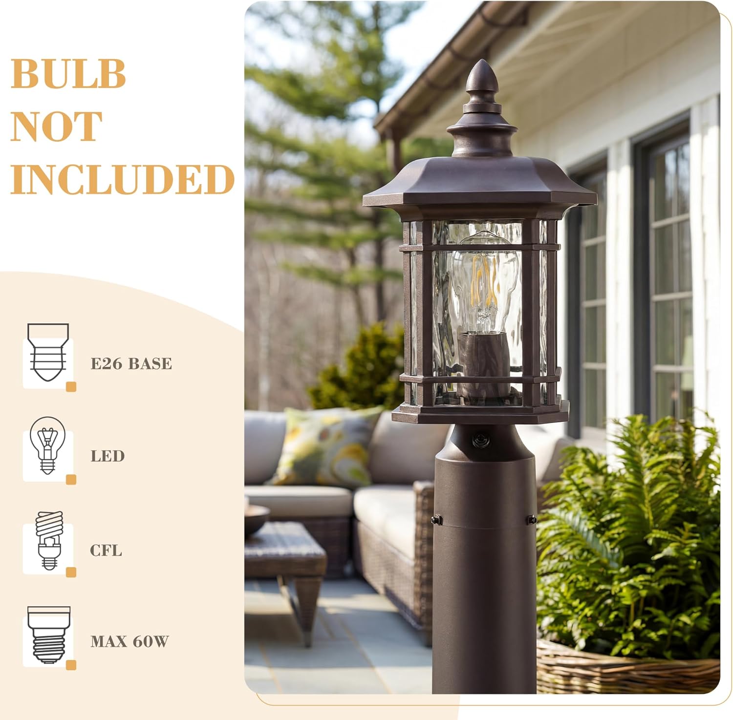 Emliviar Waterproof Farmhouse Lamp Post Lantern, Dusk to Dawn Outdoor Lighting, Post Deck Light in Oil Rubbed Bronze Finish, Water Ripple Glass, 2084P-PC ORB-SW