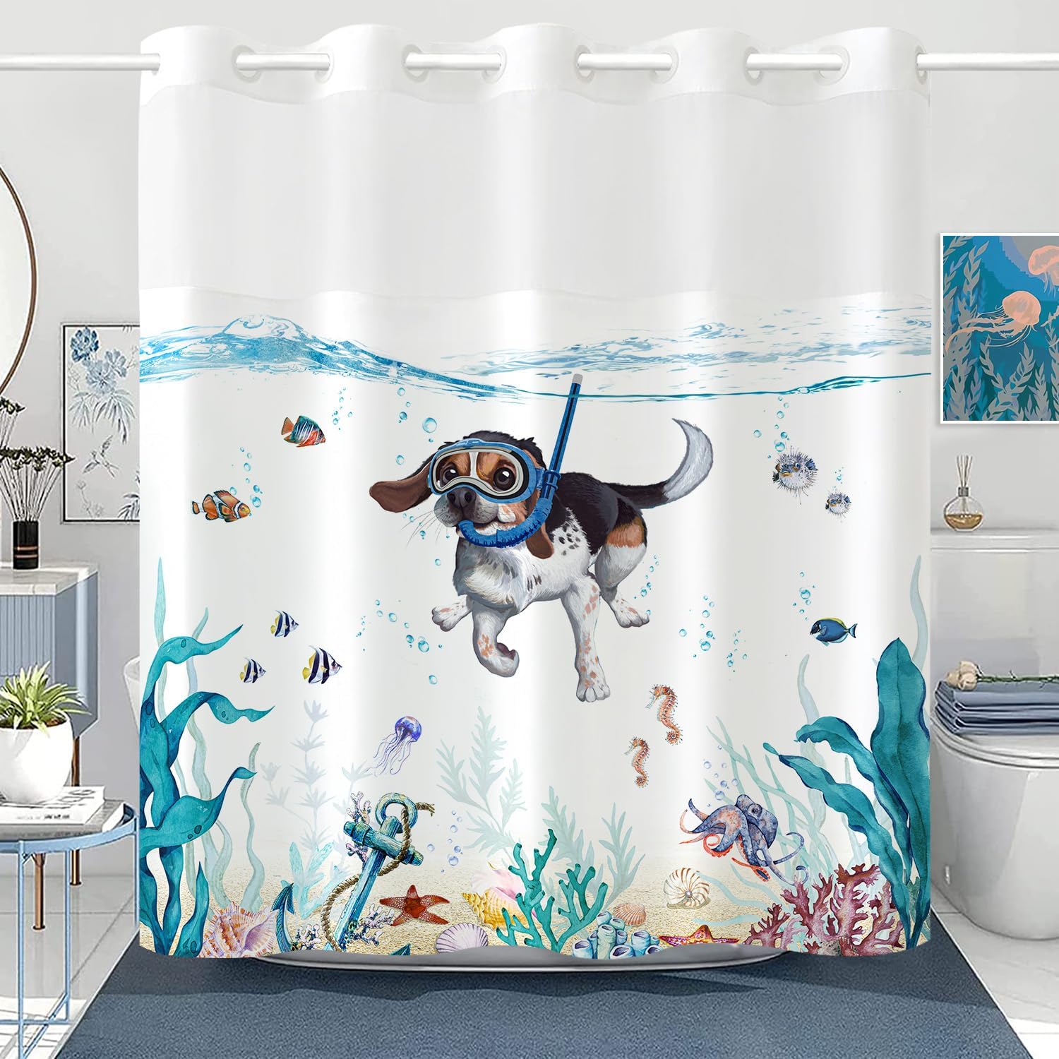 No Hook Shower Curtain with Snap in Liner, Funny Dog Nautical Animal Octopus Starfish Turtle Fish Curtains Set with Waterproof Inner Liner for Bathroom, Teal Blue Cute Sea Ocean 72×74 inches