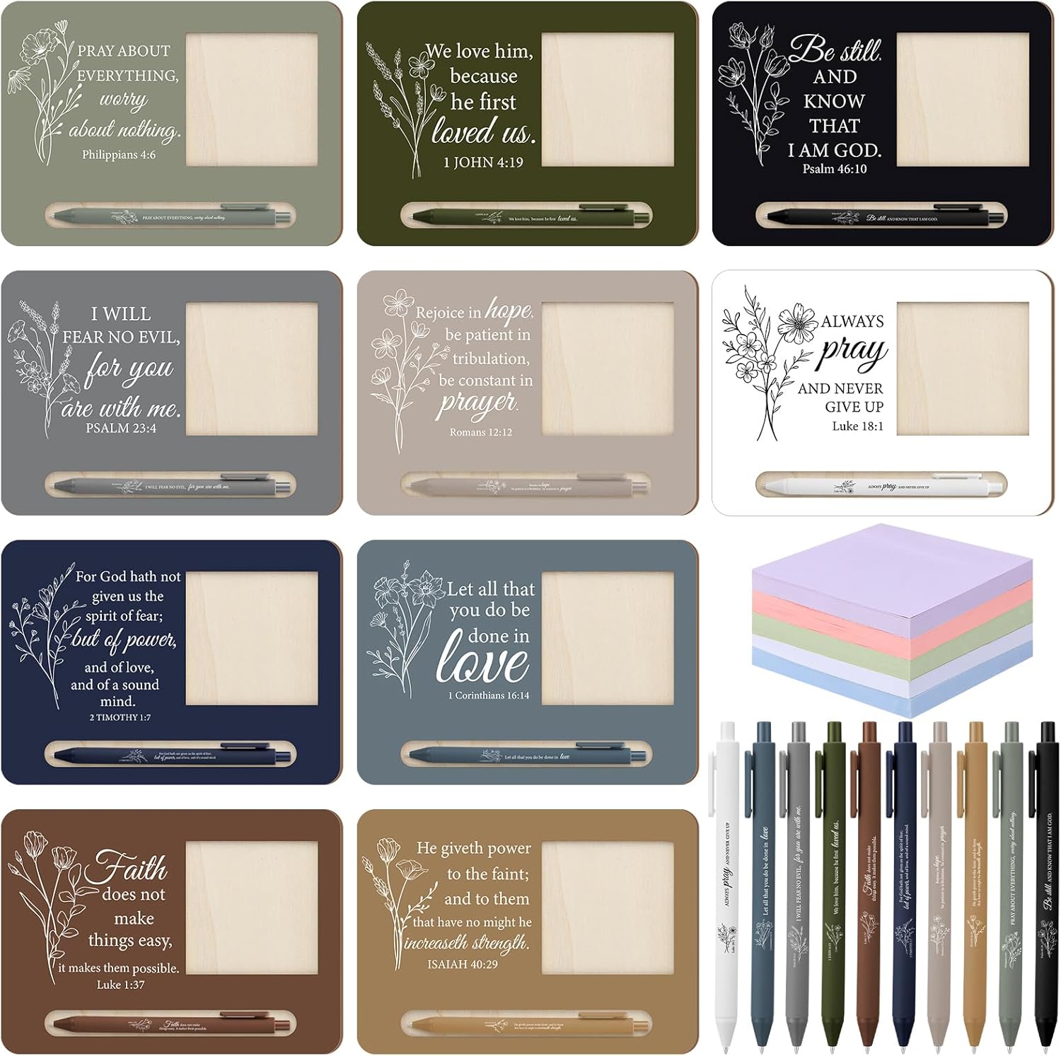 Eaasty 10 Sets Christian Sticky Note Holders with 10 Notes 10 Ballpoint Pens Christian Gifts Bulk for Women Religious Bible Verse Sticky Notes Set Inspirational Church Gifts for Women Men Coworker