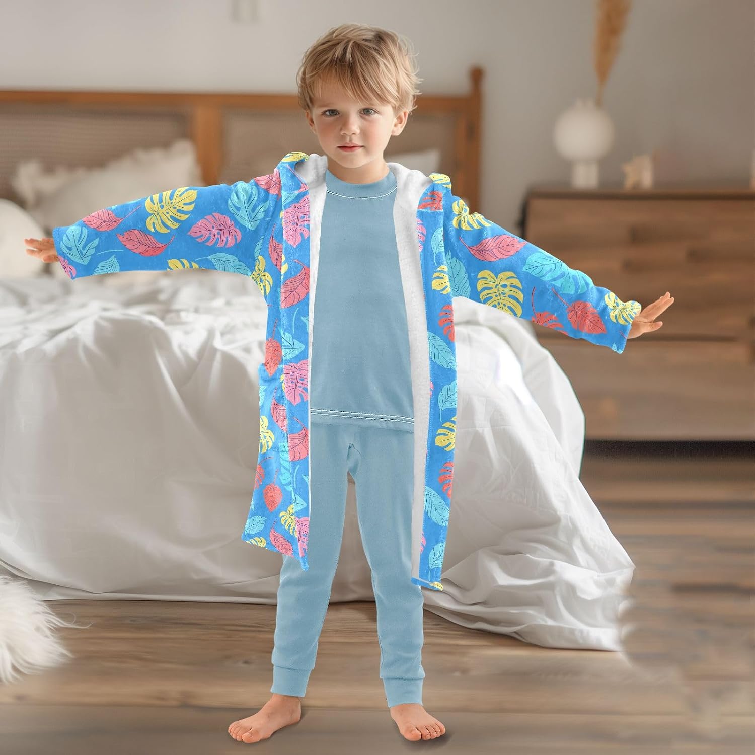 senya Leaf Cartoon Color Toddler Hooded Bathrobe Kids Soft Plush Bath Towel Robes for Boys Girls 2-12 Years