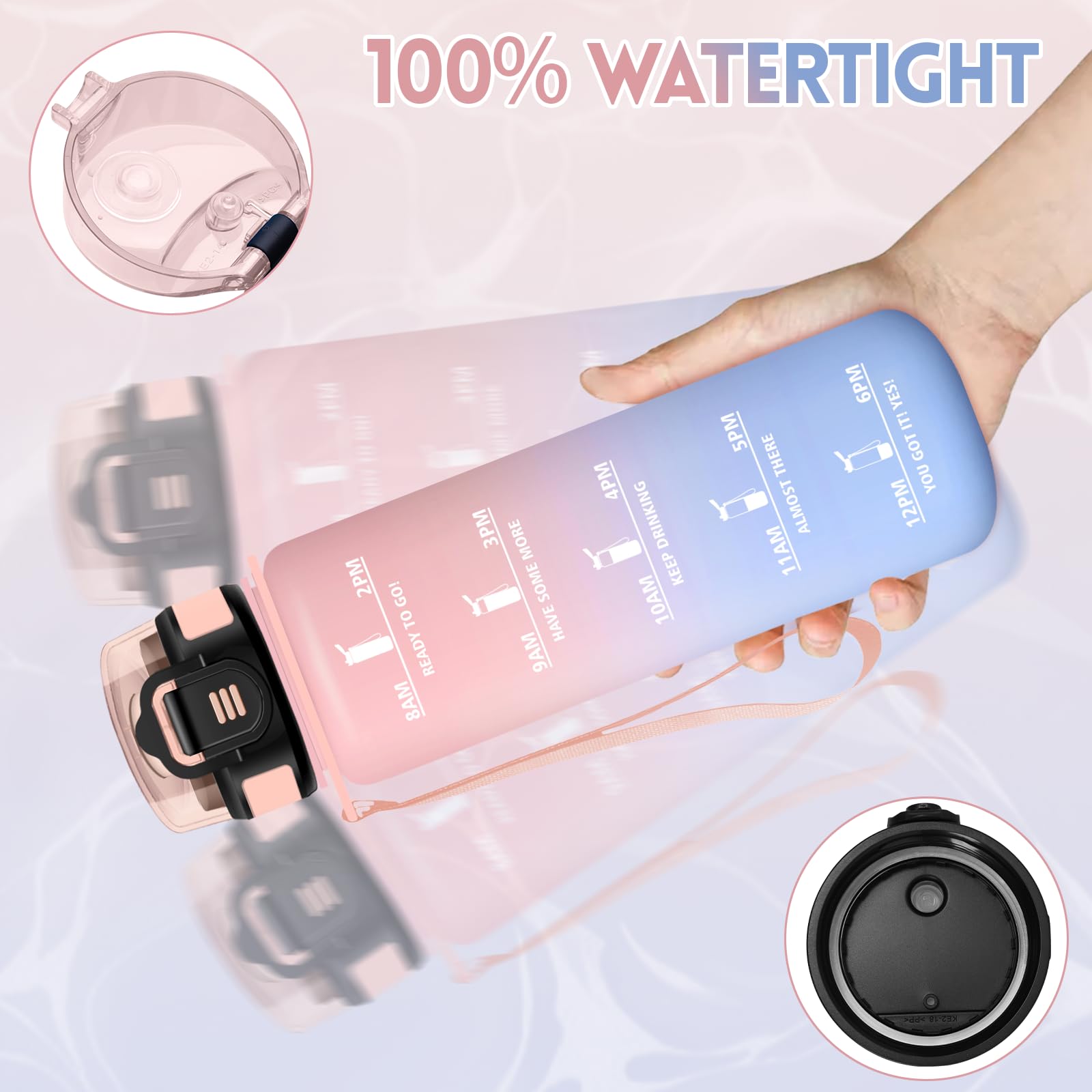 Borraccia, 1000ML Con Paglia, Borraccia Palestra Senza BPA, Borracce con Cannuccia, Bottiglia d'acqua Motivazionale con Indicatore del Tempo, Bottiglia Acqua per Palestra, campeggio - Rosa&Azzurro