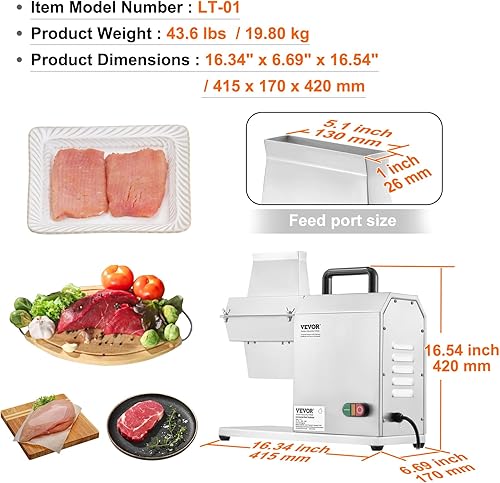 Miniatura 7 de VEVOR Ablandador de carne comercial, herramienta de cocina de acero inoxidable resistente con asa, pinza para carne y cepillo de limpieza, máquina