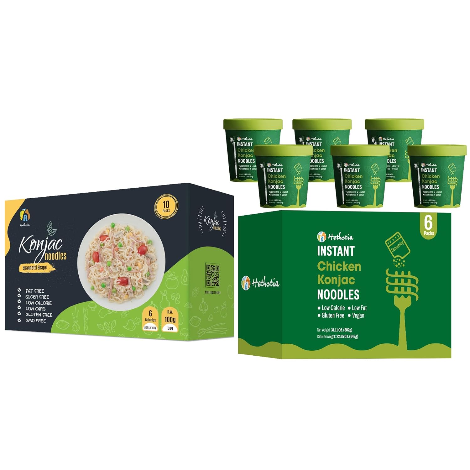 Hethstia Bundle – Shirataki Spaghetti Noodles & Chicken Pho Konjac Cups, 10-Pack Pre-Cooked Spaghetti + 6 Instant Pho Cups, Vegan, Low Calorie, Sugar-Free, Convenient Healthy Meal Kit