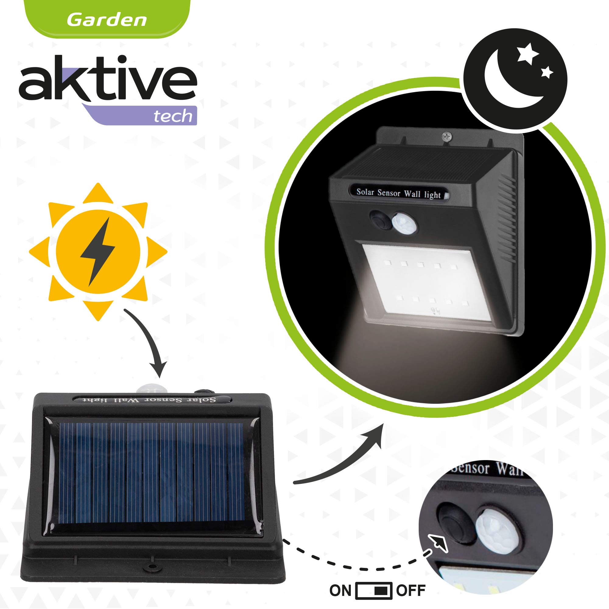 AKTIVE - Zestaw 6 świateł, Zewnętrzne lampy solarne LED, oświetlenie zewnętrzne, wodoodporne, czujnik ruchu światła, przycisk ON/OFF, zawiera 1 akumulator