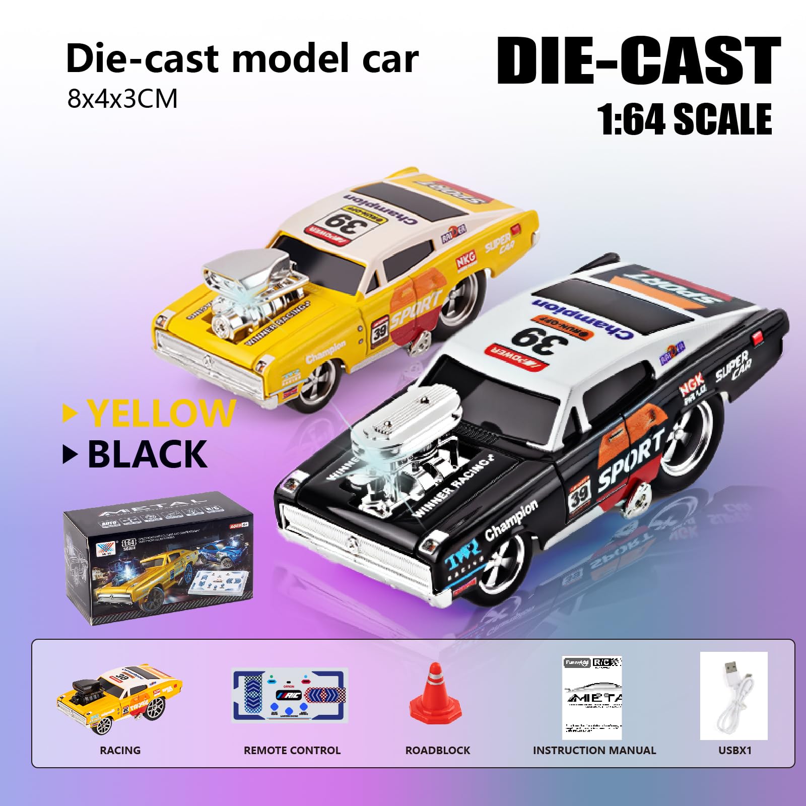 funnykid Mini Auto RC 1:64 – Auto Drift Telecomandata in Lega, 3 Velocità, Portata 30 m, Ricaricabile USB Type-C, Modulo 2.4GHz, Giochi con Coni – Regalo per Bambini Maschi e Femmine 6+