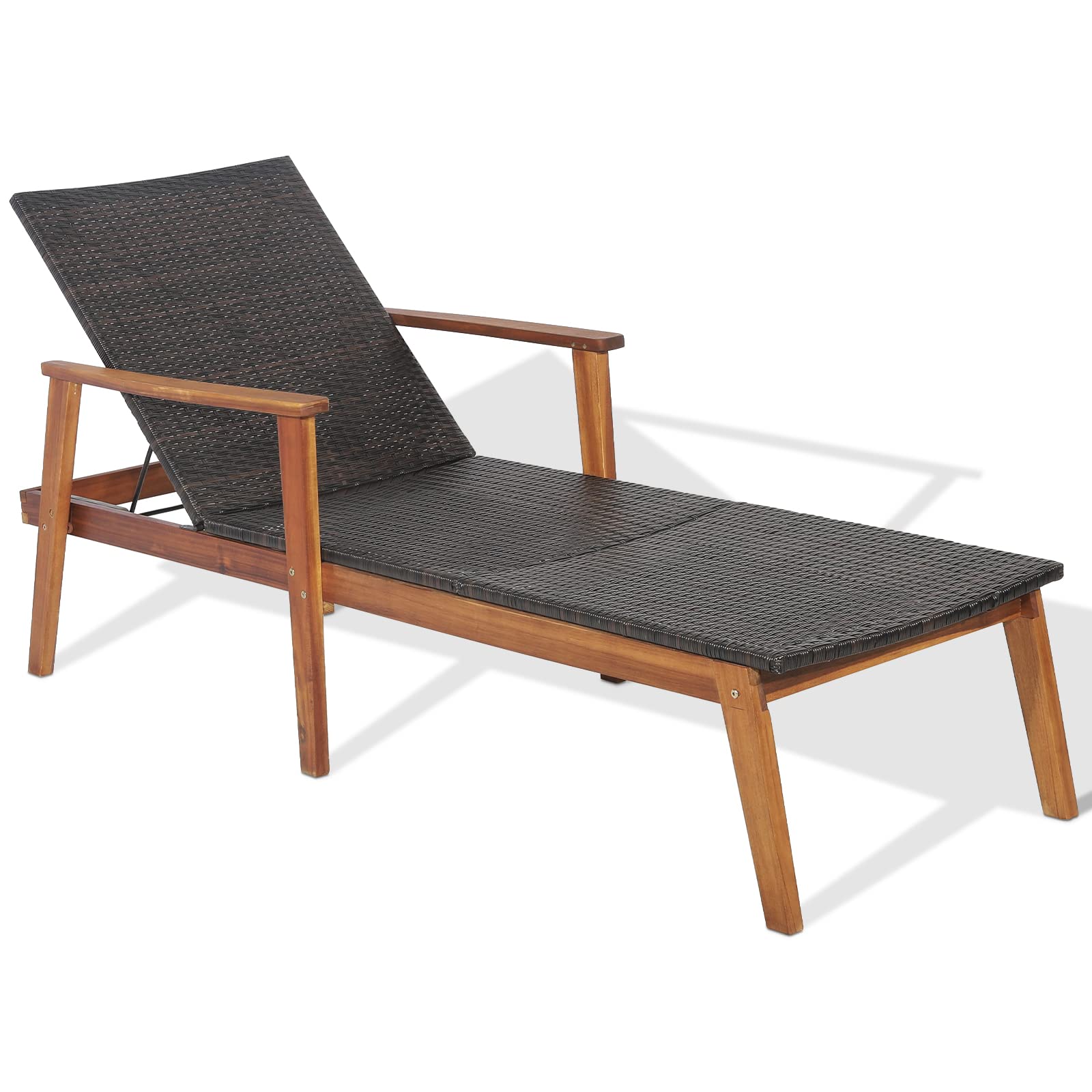 COSTWAY Rattan Sun Lounger, 5-Position Adjustable Garden Chaise Lounge Deck Sunbed with Armrests, Solid Acacia Wood Frame Outdoor Sunbathing Recliner Chair for Patio Balcony Poolside Beach