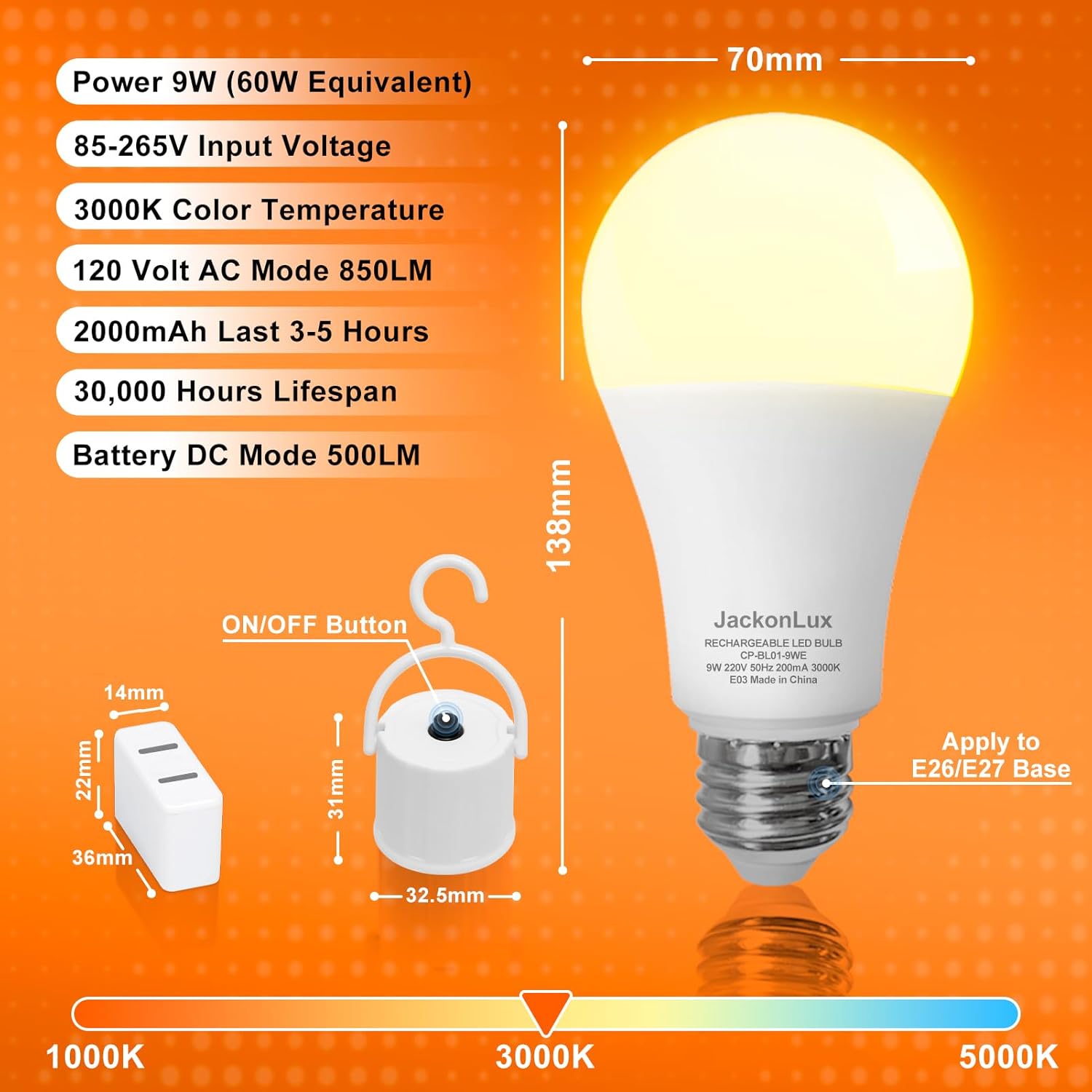 Rechargeable Emergency LED Bulb JackonLux Multi-Function Battery Backup Emergency Light For Power Outage Camping Outdoor Activity Hurricane 9W 850LM 60W Equivalent Soft White 3000K E26 120 Volt 2 Pack