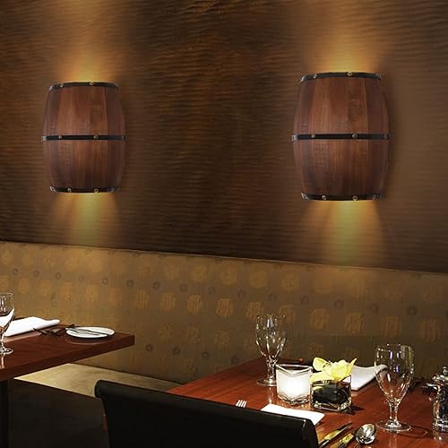 Miniatura 7 de Aplique de pared de barril de vino de madera antigua, accesorio de iluminación de pared LED de campo americano arriba y abajo, para sala de estar de