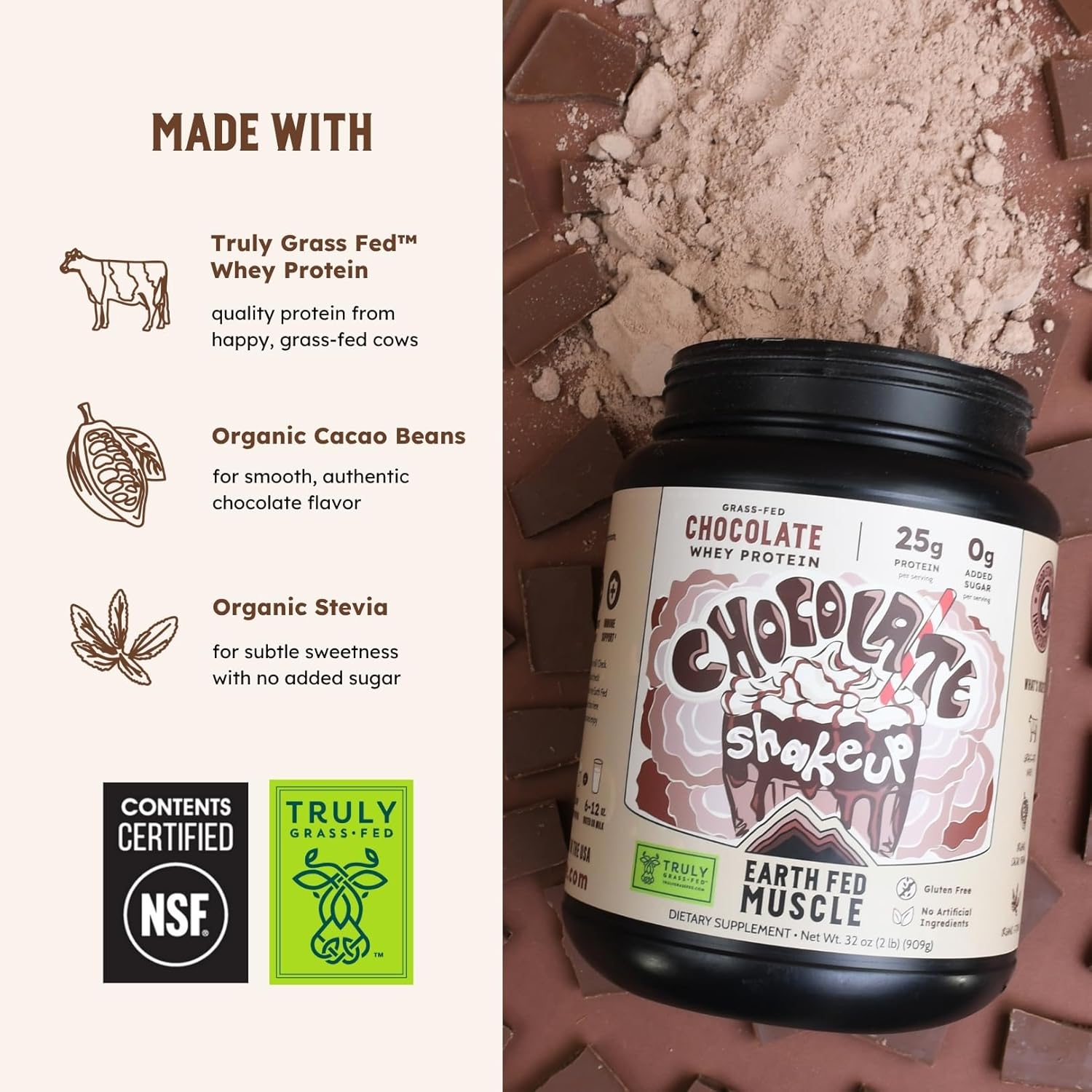 Earth Fed Muscle Chocolate Shakeup Truly Grass Fed Whey Protein Isolate NSF-Certified. No Artificial Ingredients, Soy Free, Gluten Free, Non-GMO and Hormone Free (2 Pound, 29 Servings, Chocolate) - Image 4