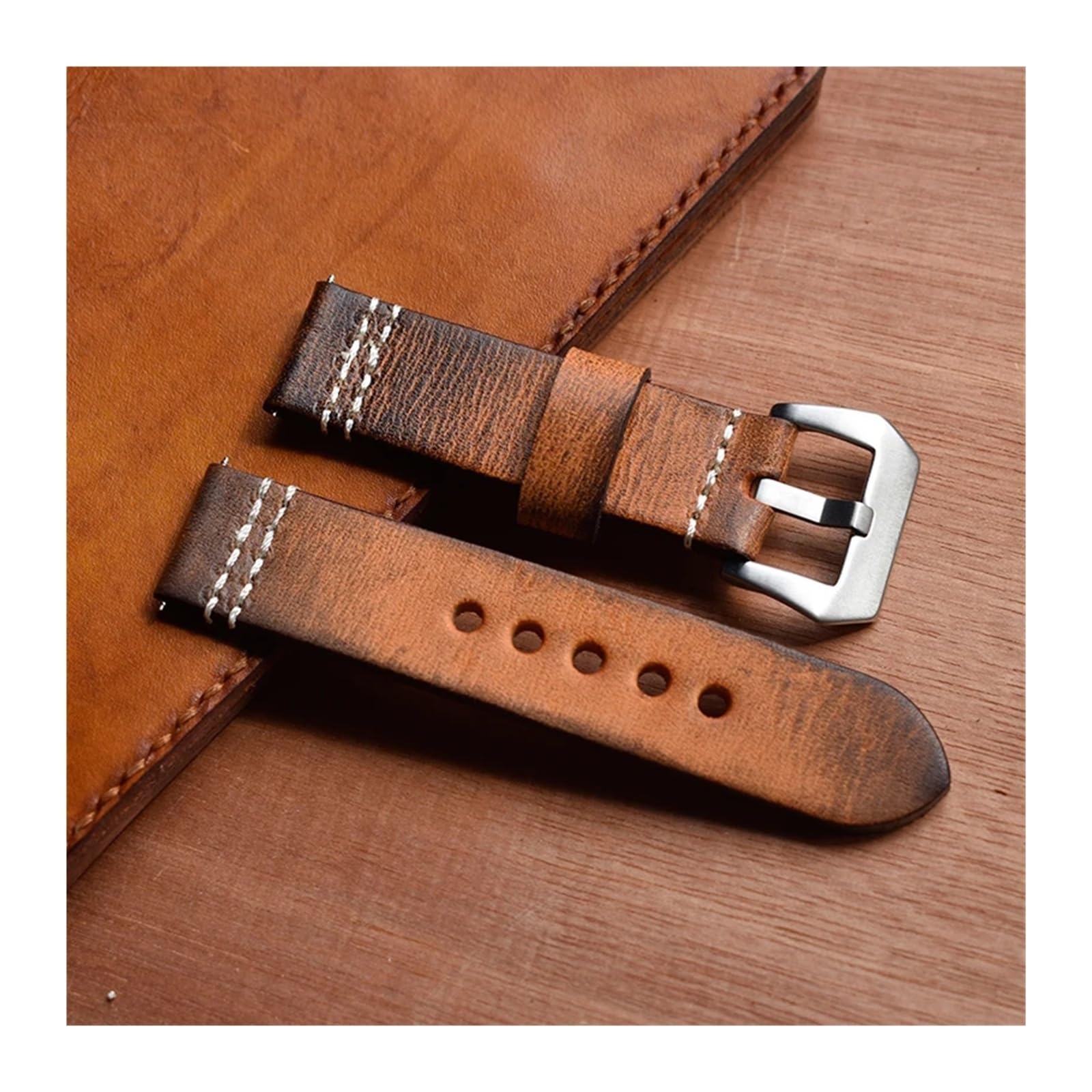 Genérico Correa de reloj de cuero grueso for hombre, pulsera antigua de repuesto, hebilla de acero inoxidable esmerilado, 20/22/24/mm, KZV09