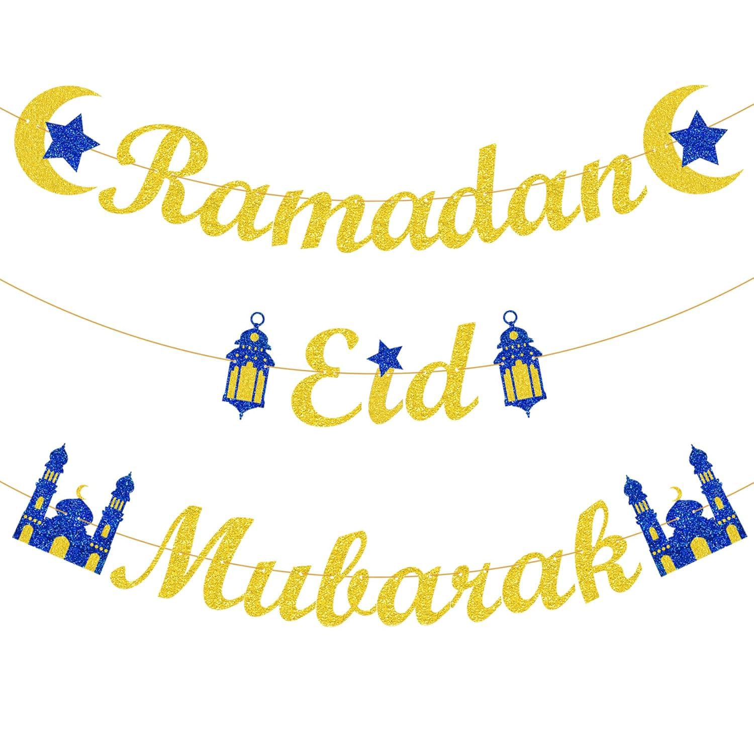 Ramadan Eid Mubarak Banner – Gold & Blue Glitter Pre-Strung Hanging Decoration with Moon, Star, Lantern & Mosque for Iftar, Eid Party & Home Decor