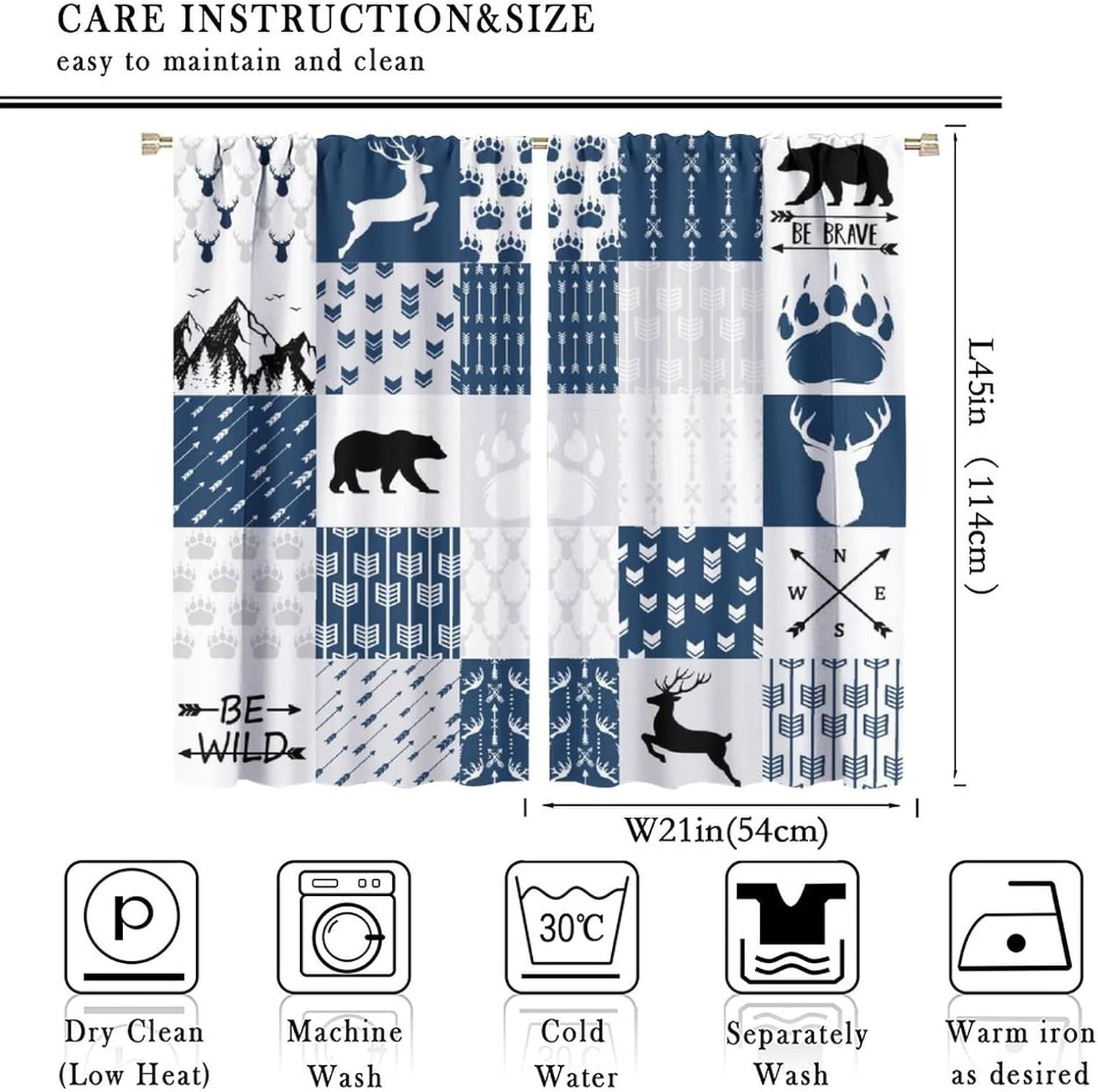 Rustic Deer Bear Blackout Curtains,Retro Cabin Hunting Theme Forest Wildlife Blue Plaid Check Window Drapes - Thermal Insulated and Noise Reduction,2 Panels 45L x 21W Room Darkening Curtains