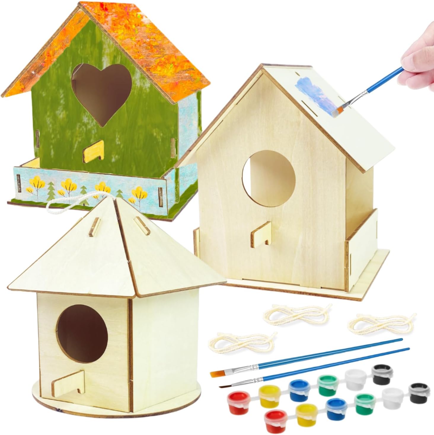 3 Pack Bird House Kits DIY Wood Birdhouse Kit, Unfinished Wooden Arts and Crafts for Adults and Kids with Paints, Brushes and Strings, Art Craft Toys Set for Kids Ages 3 4 5 6 7 8 Classroom Activity