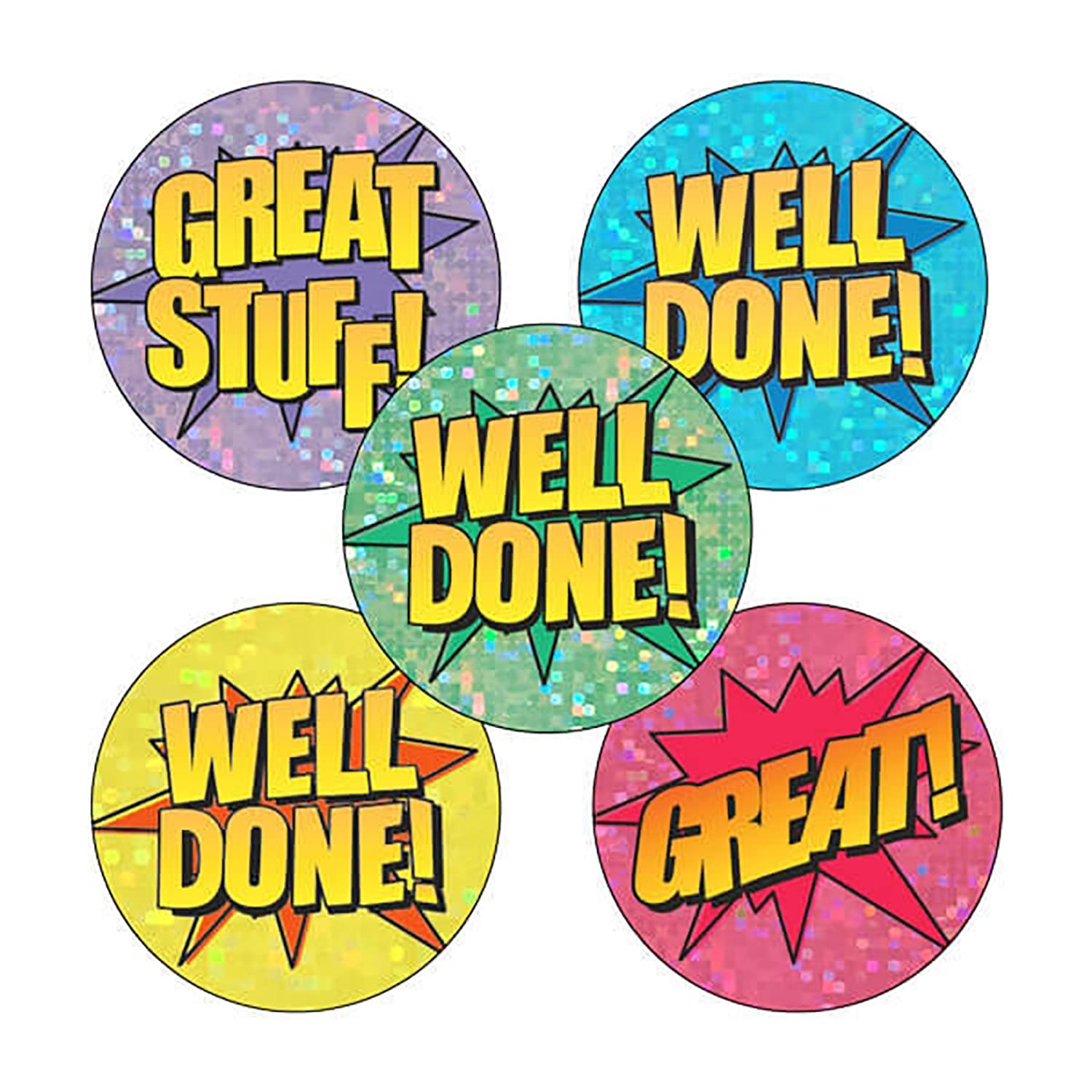 150 Mixed Holographic Sparkly Comic Book Pop Art Well Done Great Stuff Childrens Pupils School Praise Teachers Reward Stickers 25mm Primary Teaching Services