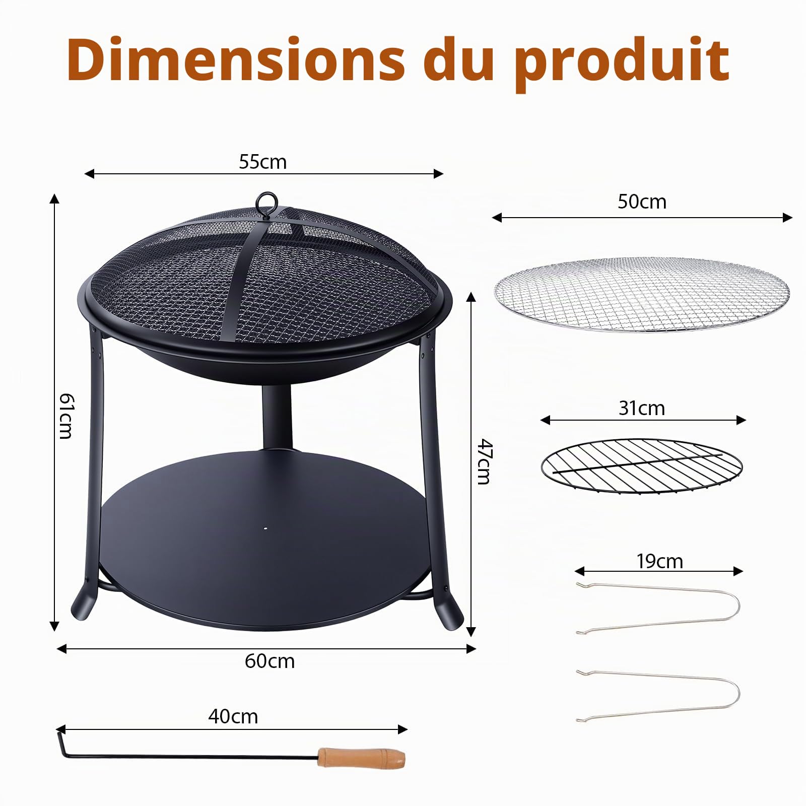 Brasero Exterieur Barbecue 55cm, Brasero de Jardin avec Pare-étincelles, Brasero Extérieur de Jardin pour Terrasse Patio Cour Camping