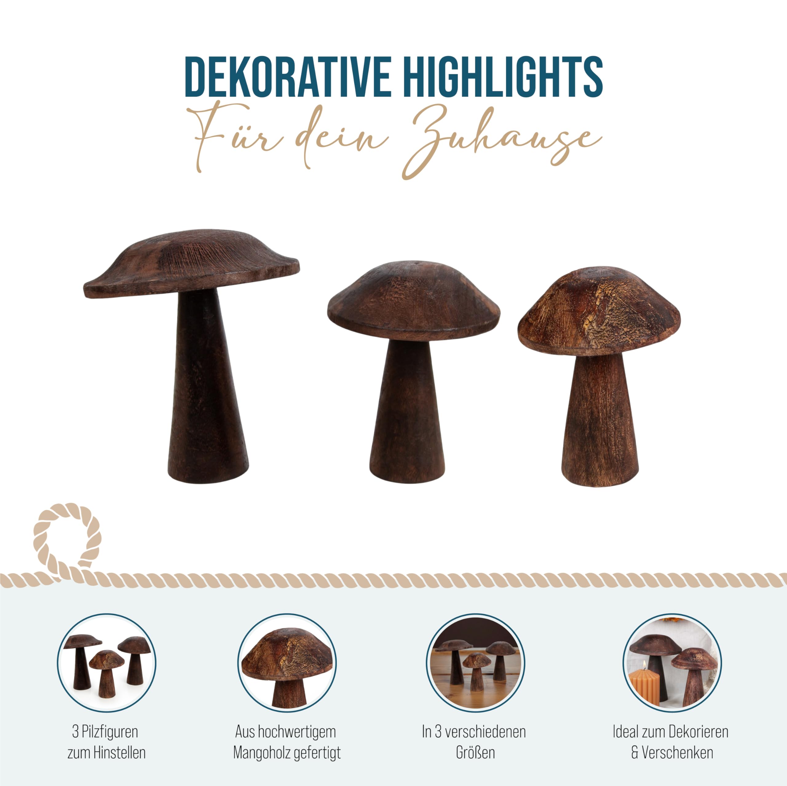 Holz-Pilze, 3 Stück: Herbstdeko Figuren, Tischdeko Pilz, Kleine Dekofiguren Herbst, Dekoration Tisch & Fensterbank, Fliegenpilz Fensterdeko, Deko Modern, Dekopilze Innen, Herbstfiguren Klein, 13-18 cm