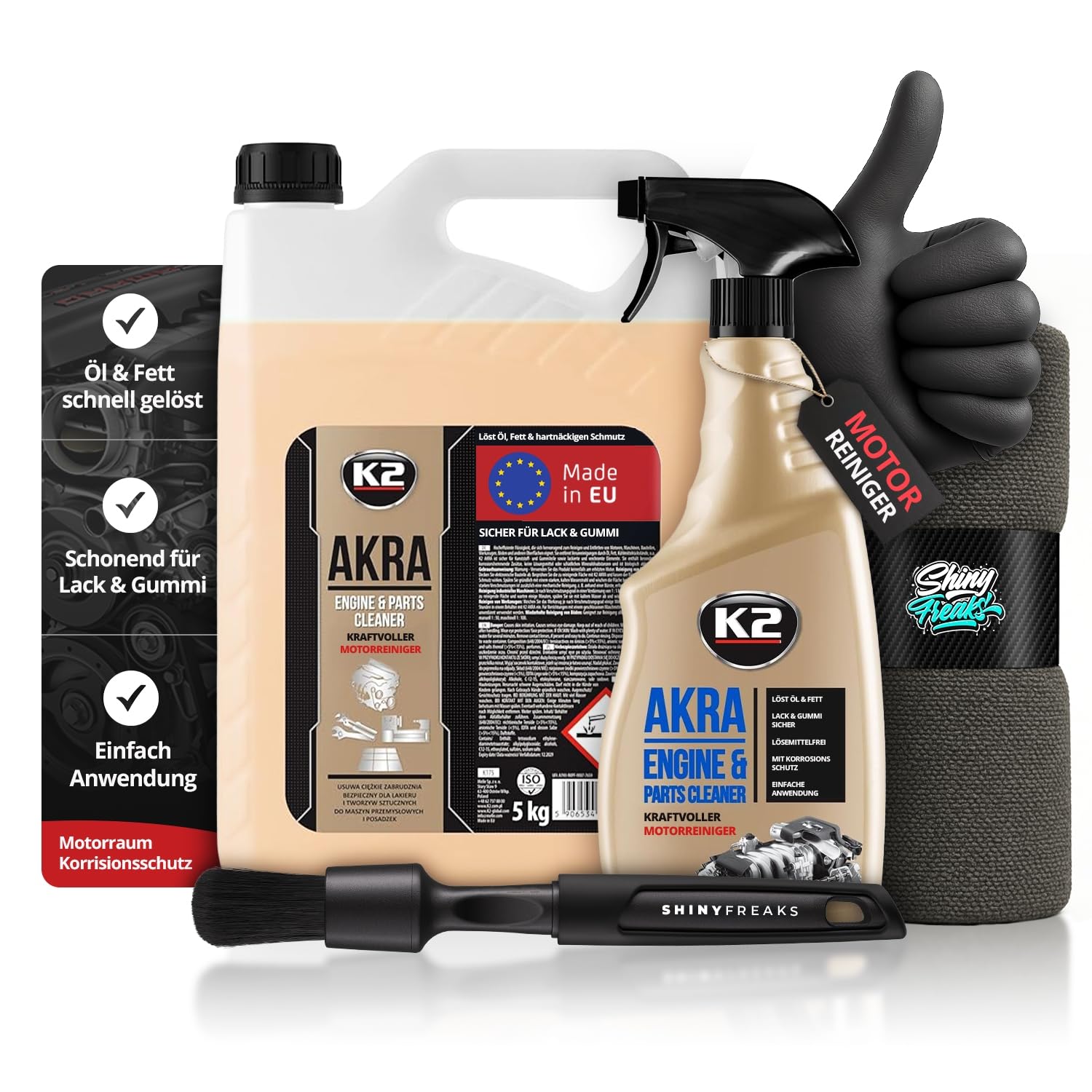 Motorreiniger & Kaltreiniger Set: K2 AKRA (5L + 770ml) + Zubehör – Werkstattreiniger für Motor, Fahrzeugteile, Werkzeuge & Böden | 4-teilig