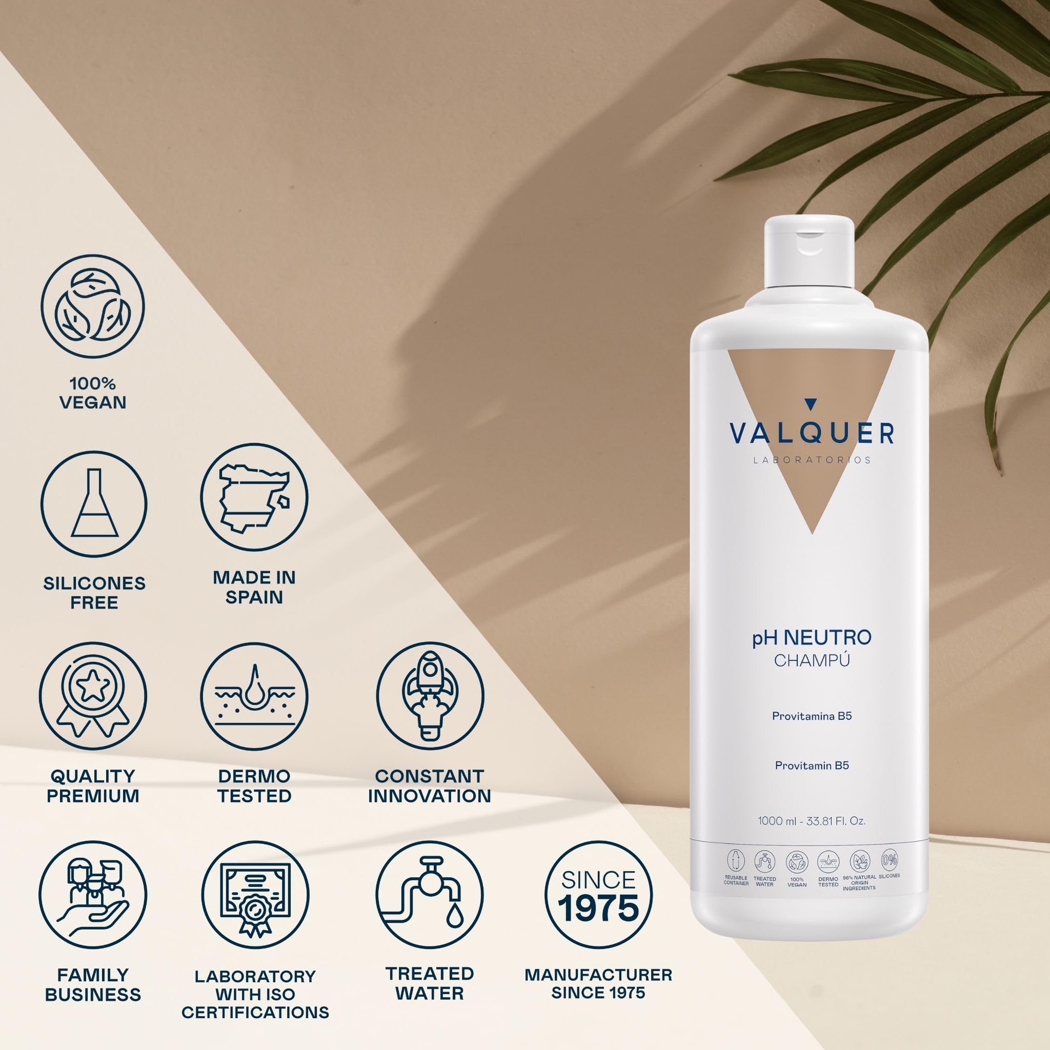 VALQUER Champú Revitalizante pH Neutro | Fortalece, Hidrata, Repara y Aporta Brillo al Cabello Dañado | Con Ingredientes Naturales y Vitamina B5 para Todo Tipo de Pelo | 1 L