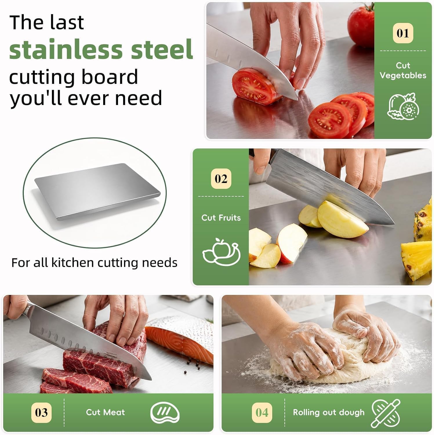 Stainless Steel Cutting Board with Lip for Kitchen - Large L-Shaped Double Sided Metal Chopping Board with Counter Edge for Meat, Fruits, Vegetables, Kneading Bread Dough Baking - 23.6 x 15.7 inch