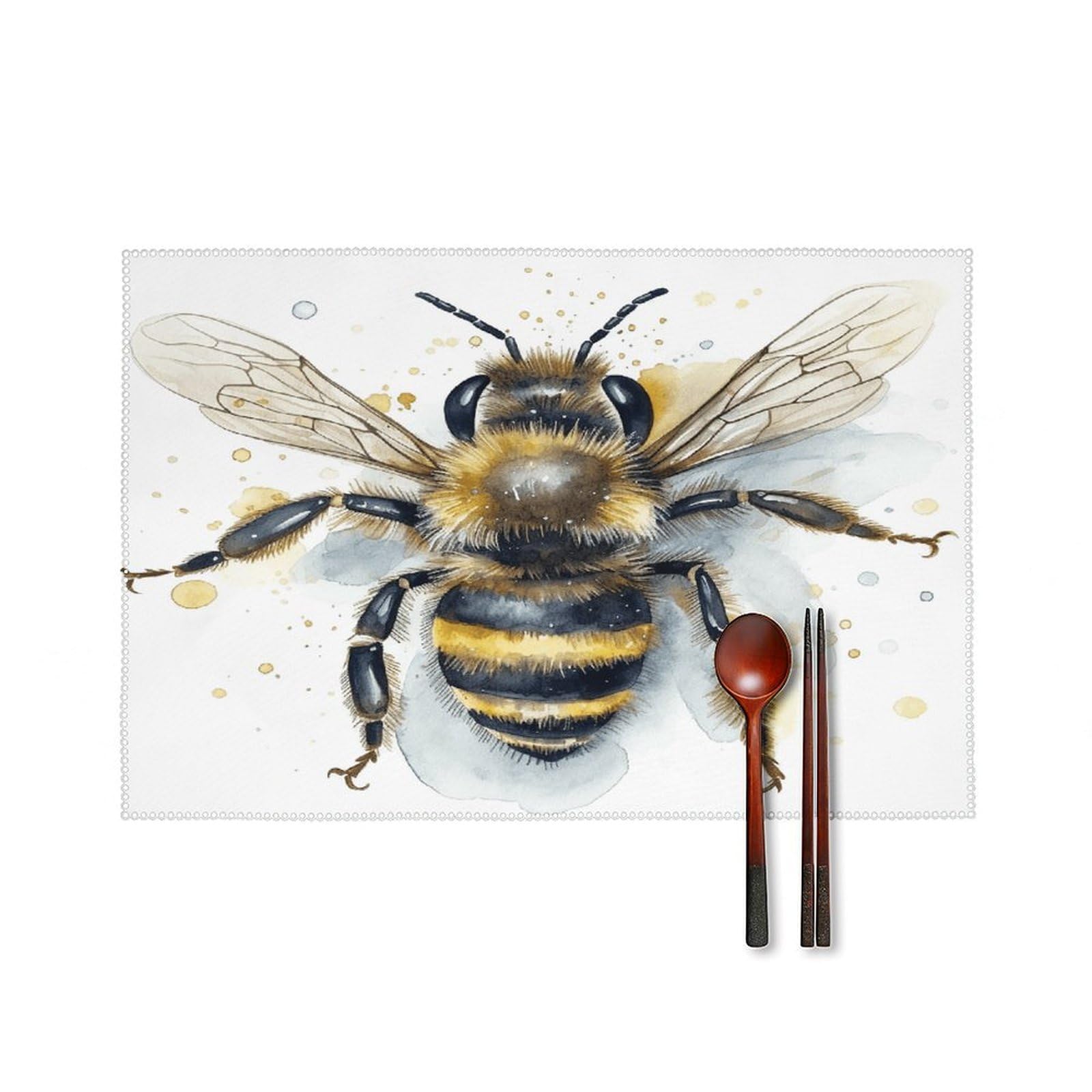 Watercolor Bee Placemats Set of 4 Non-Slip Heat Resistant Table Mats Canvas Washable Cloth Place Mats Easy to Clean Premium Placemat for Kitchen Dining Table Decoration