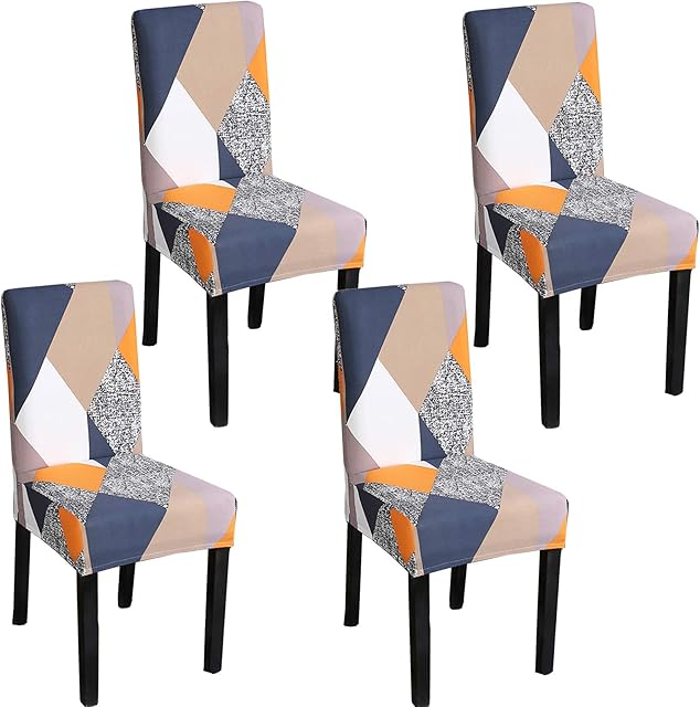 WDong Stretch Printed Dining Chair Slipcovers, 4Pack Stretch Removable Washable Anti-Dust Upholstered Chair Covers for Hotel Dining Room Kitchen Office Ceremony Banquet Wedding Party (4PCs, Geometry)