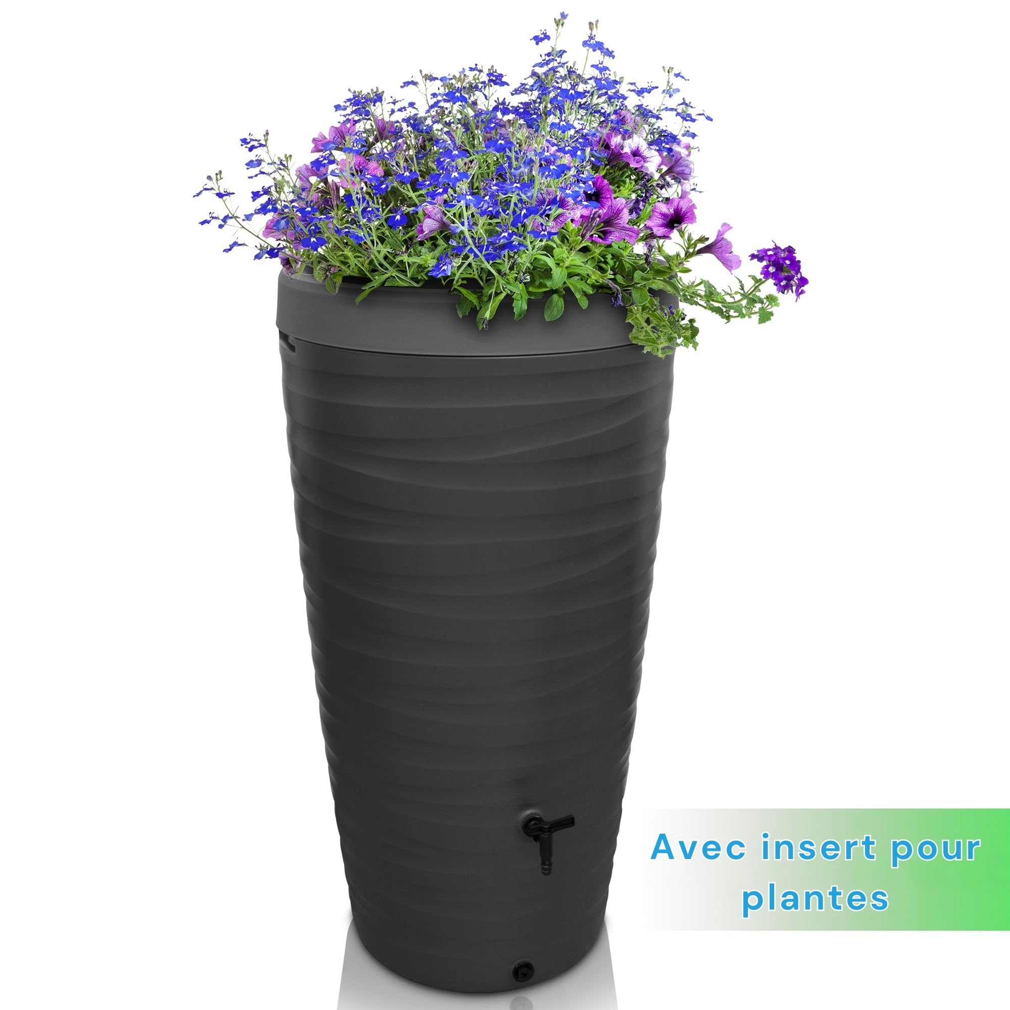 YourCasa Récupérateur d'eau de Pluie 240 L, Design Wave, Gris | Cuve de récupération eau de pluie avec jardinière intégrée, robinet et raccords 3/4" — fabriquée en Europe