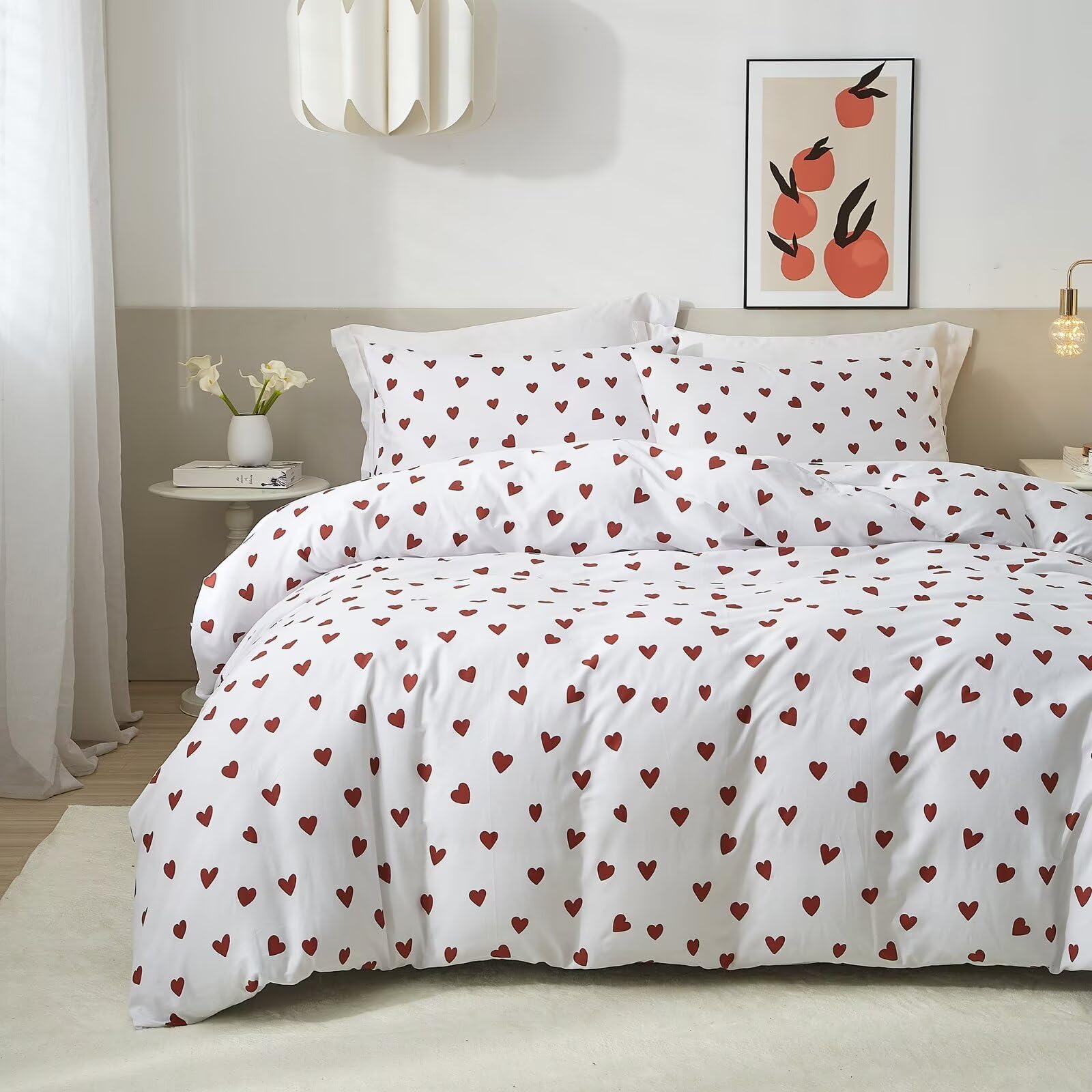 Mucalis Red Heart Duvet Cover Queen 100% Cotton Love Heart Duvet Cover Set Full Cute 3 Piece White Bedding Set with Zipper Closure Corner Ties,Durable,Breathable,Easy Care-picture-43
