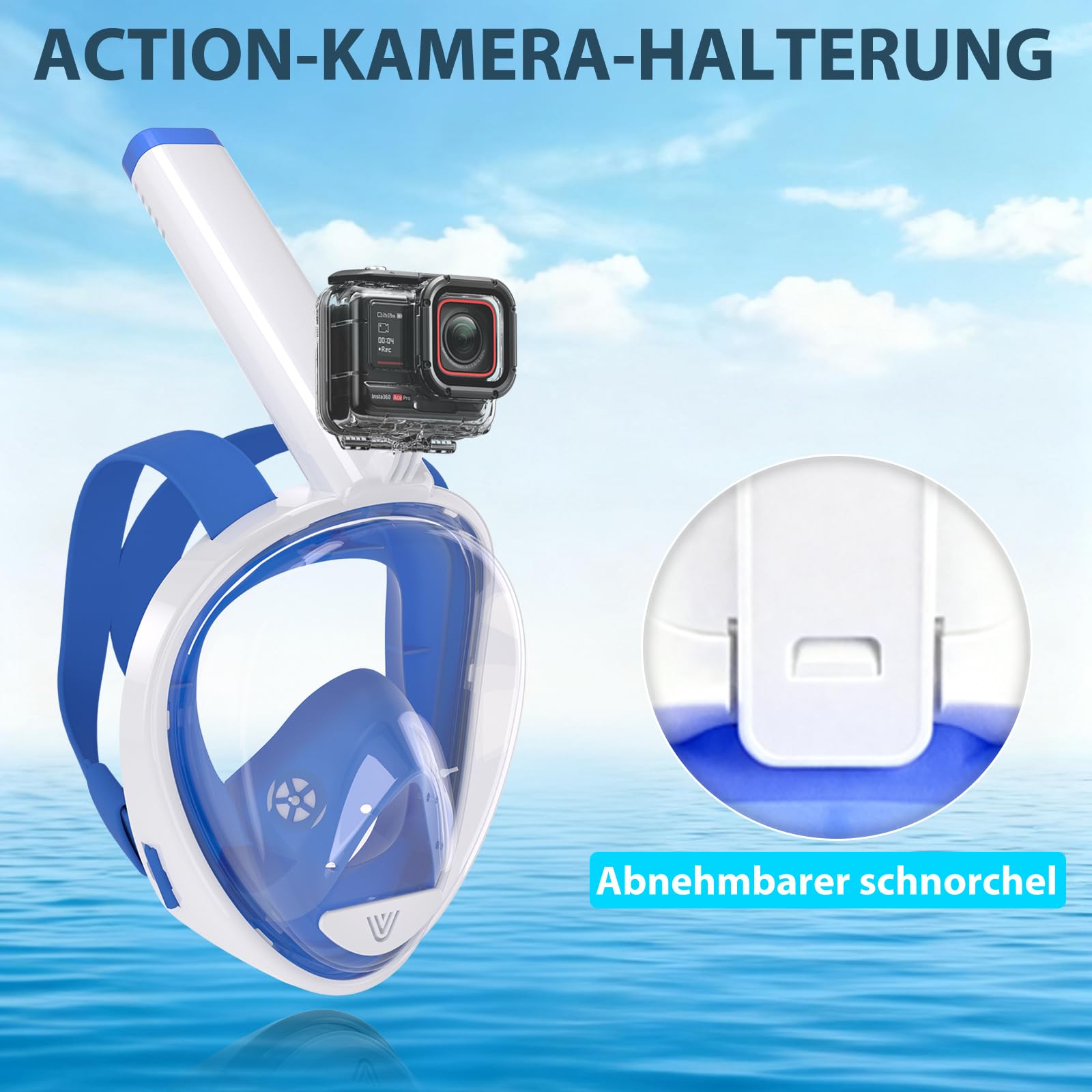 Vitare Schnorchelmaske für Erwachsene und Kinder, Tauchmaske Vollgesichtsmaske, 180° Panorama Taucherbrille mit Schnorchel, Schnorchelset mit Kamera Clip, Antibeschlag Tauchmaske Ganzes Gesicht