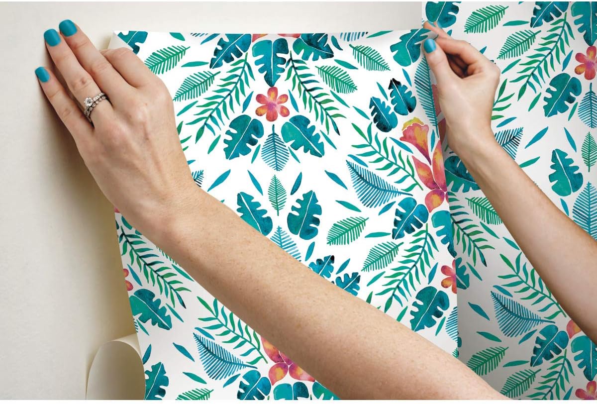 RoomMates RMK11391RL Cat Coquillette Blue and Orange Tropical Peel and Stick Wallpaper