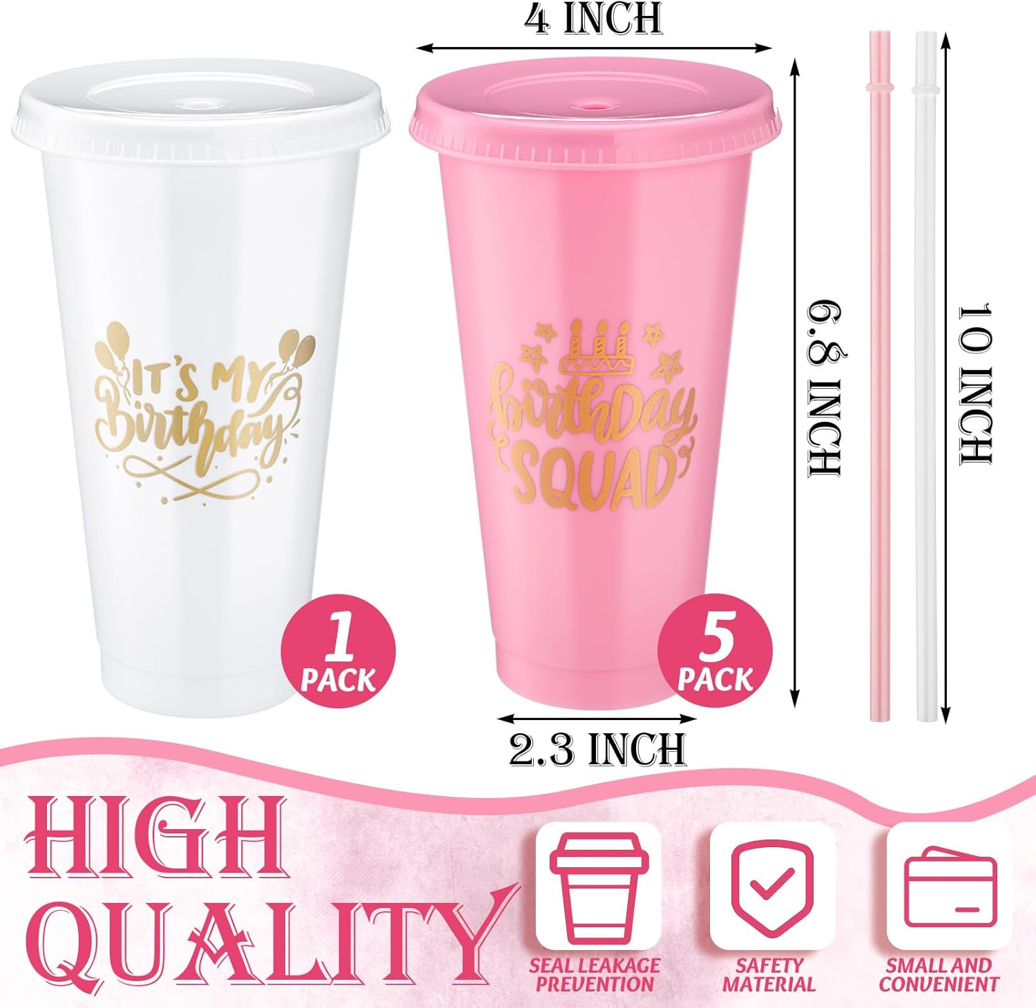 Birthday Party Tumblers 24 oz Squad Plastic Tumblers with Lid and Straw for 20th 30th 40th 50th 60th Birthday Decorations Favor for Women Adults(White, Pink,6 Pcs) - Image 2