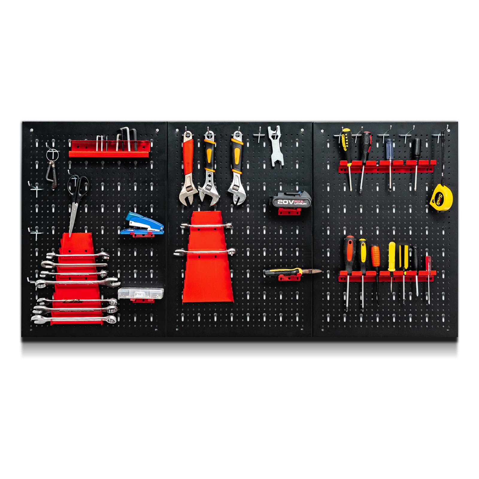 SOARS Werkzeugwand Metall, dreiteilige Lochwand mit 25 teiliges Hakenset, Werkstattwand 120 x 60 cm, Werkstattwand ideal für Garage & Werkstatt