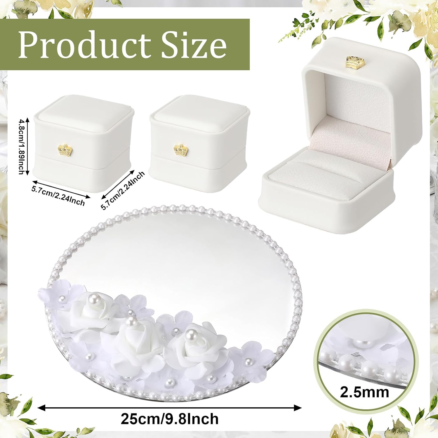 Liliaafar Wedding Mirror Tray with 2 Pcs Ring Boxes Mirrors Flat Circle Plates with Pearl Roses Design Trays for Table Centerpieces Wedding Party Centerpieces
