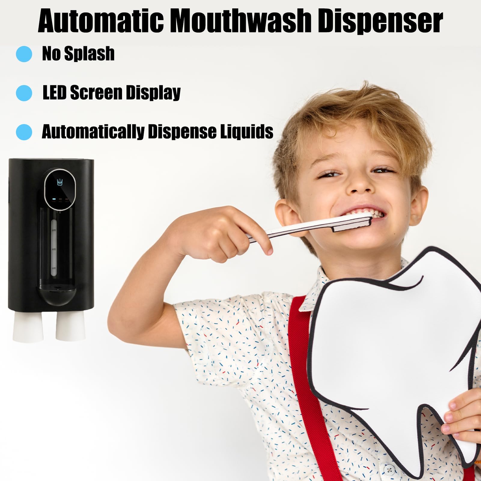 Meideli Dispensador automático de enjuague bucal para baño, dispensador de enjuague bucal montado en la pared, recipiente de enjuague bucal recargable con 2 tazas magnéticas reutilizables, volumen